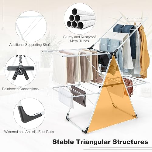 Miniatura 7 de Tangkula Estante de secado de lavandería, estante de secado de ropa plegable con alas ajustables en altura, 33 rieles de secado y clips para