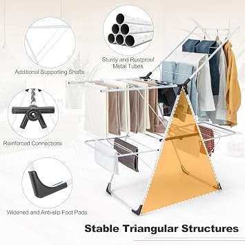 COSTWAY Foldable Clothes Drying Rack, 2-Level Clothes Airer Dryer Horse with Height-Adjustable Wings, 33 Rails & Sock Clips, Stainless Steel Freestanding Laundry Rack for Indoor Outdoor (White)