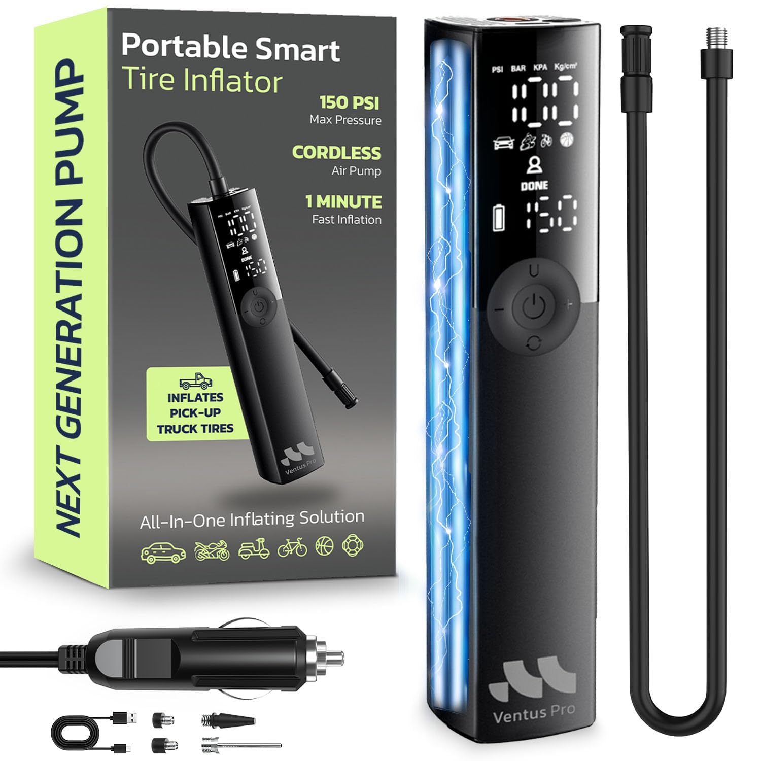 Woowind Premium Tire Inflator Portable Air Compressor, 2X Faster, 150PSI Air Pump For Car Tires, Tire Pump, with 12V DC Cord for Trucks & Off-Road