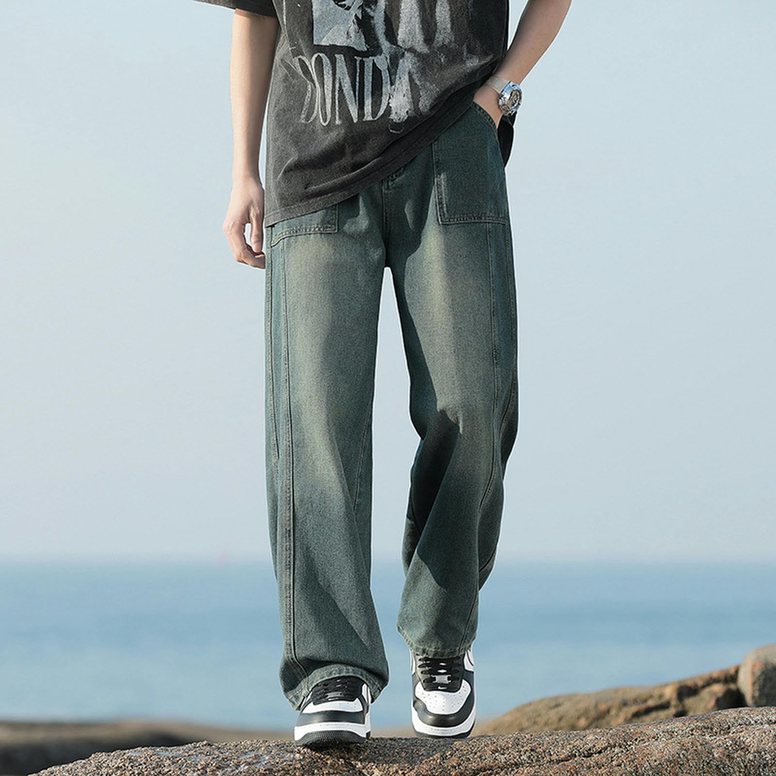 Jeans Estivi lavati da Strada, Pantaloni Dritti da Uomo, Larghi, Versatili, Casual, Lunghi, da uomo-blu-3XL