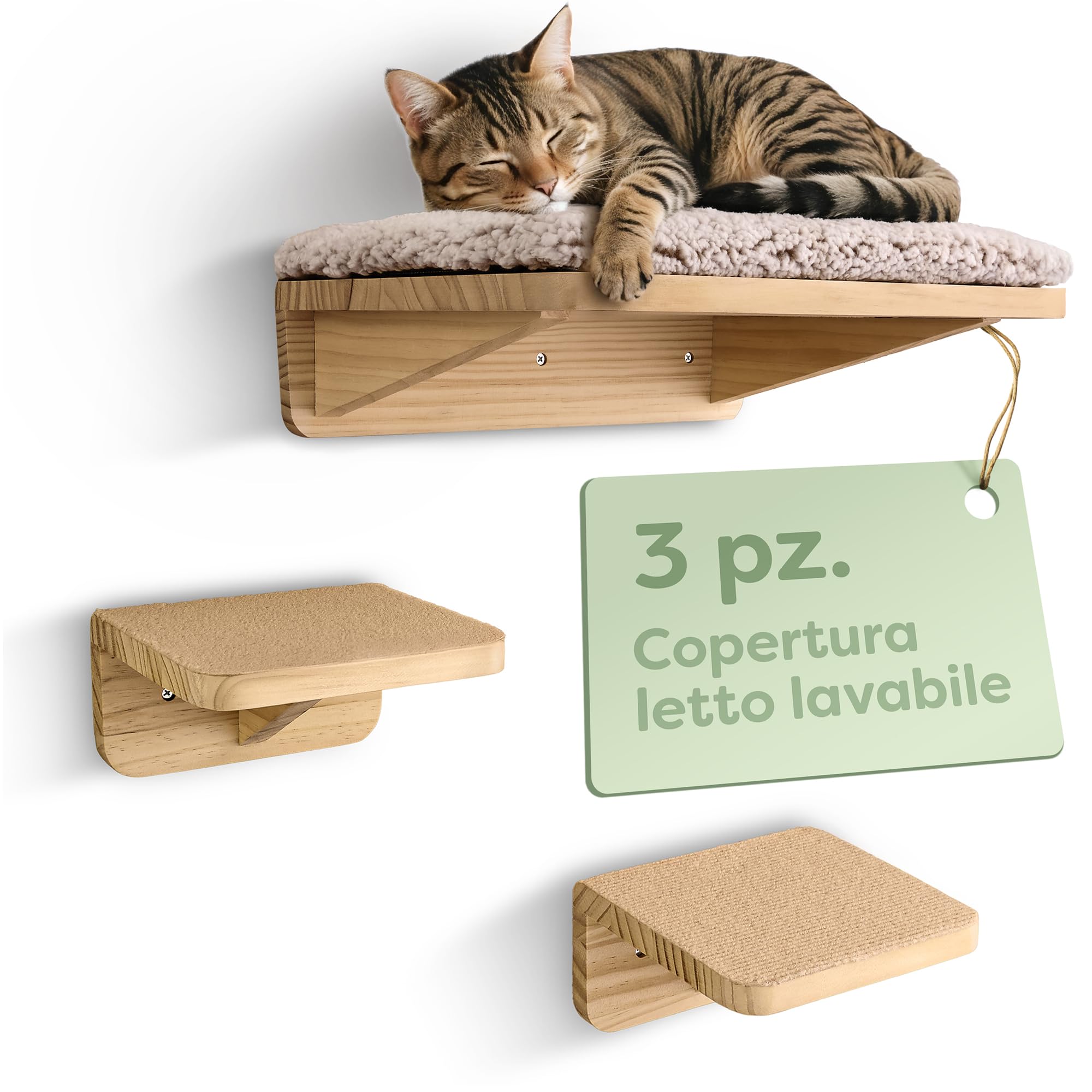 Knupis Mensole da Parete per Gatti con Letto & 2x Scale – Legno di Pino Massiccio FSC®, Amaca da Parete Robusta fino a 30 kg – per Gioco & Comfort - Beige