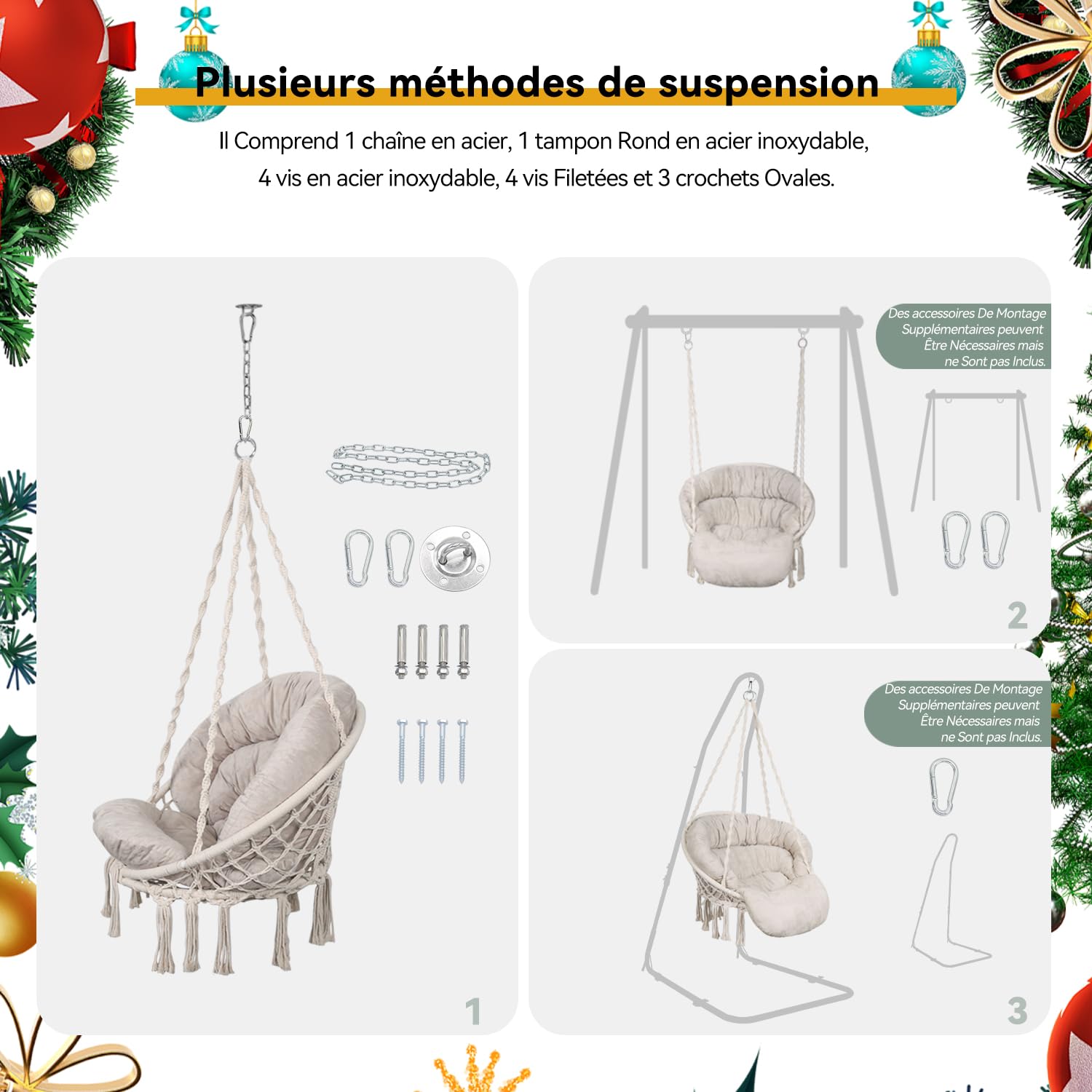 Bathonly Fauteuil Suspendu, Capacité 150 kg, Chaise Coton avec Coussin, Chaise Pivotante en Macramé, Faite à la Main avec Kits de Matériel de Suspension, Bohème, Jardin, Intérieur, Extérieur, Beige