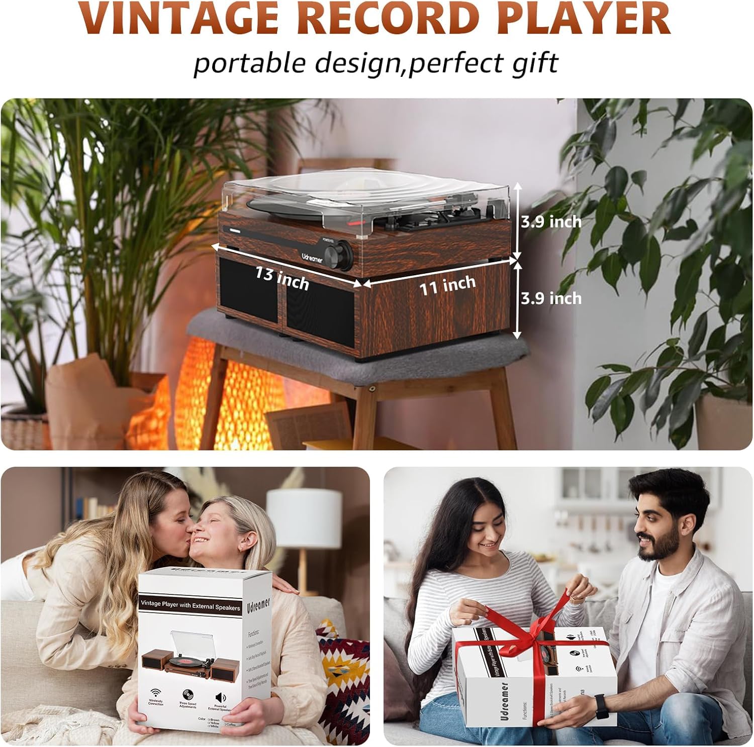 Udreamer Giradischi con 2 altoparlanti stereo doppio, giradischi vintage Bluetooth 5.3 supporta 3 velocità, AUX-In, RCA Line, USB, riproduzione wireless, noce