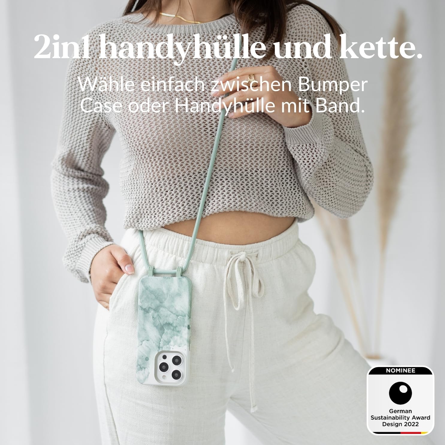 Woodcessories - Change Case, Nachhaltige Handykette abnehmbar kompatibel mit iPhone 16 Pro Hülle mit Band Aqua Green - biologisch abbaubar
