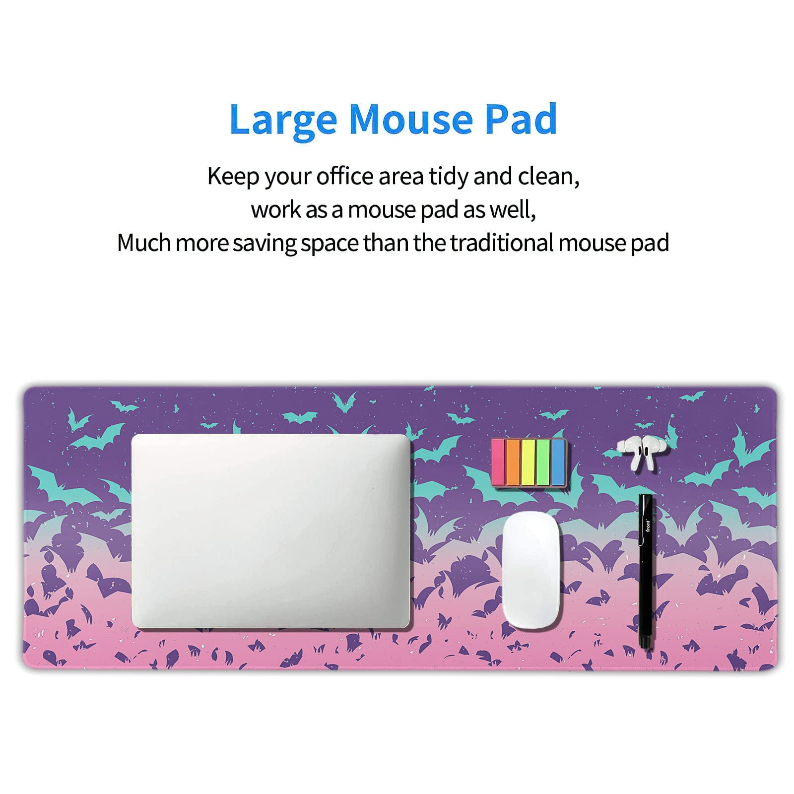 Pink Cute Bats Gaming Mouse Pad XL Halloween Pastel Purple Witchcraft Extended Big Large Desk Mat Non-Slip Rubber Base Stitched Edge Long Keyboard Mousepad for PC Computer Laptop,24x14 in,60x35cm