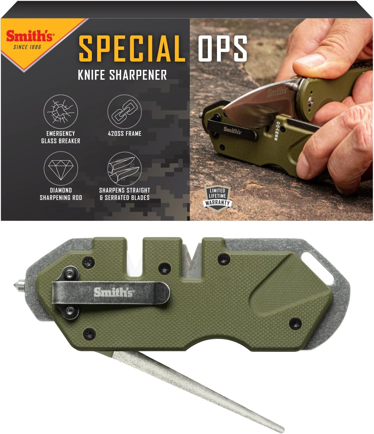 50981 Pocket Pal Tactical Knife Sharpener - OD Green - 2 Stage Sharpener & Diamond Sharpening Rod - Pocket Clip - Outdoor Hunting Knife & Hook Sharpener - Compact & Lightweight