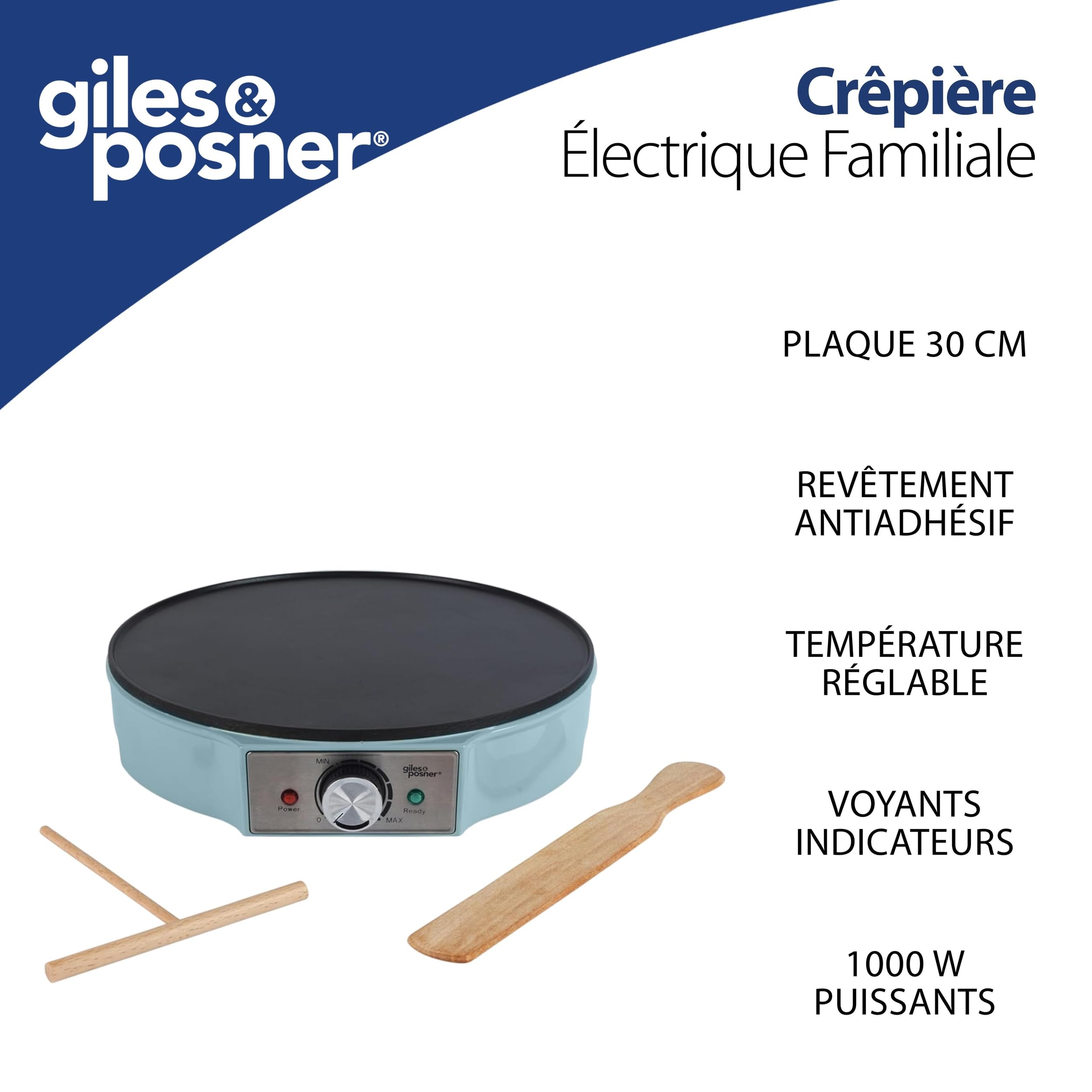 Giles & Posner Crêpière – Plaque Chauffante Électrique pour Crêpes, Antiadhésive, Grande Plaque de 30 cm (12”), Température Ajustable, Répartiteur de Pâte & Spatule, 1000W, Bleu