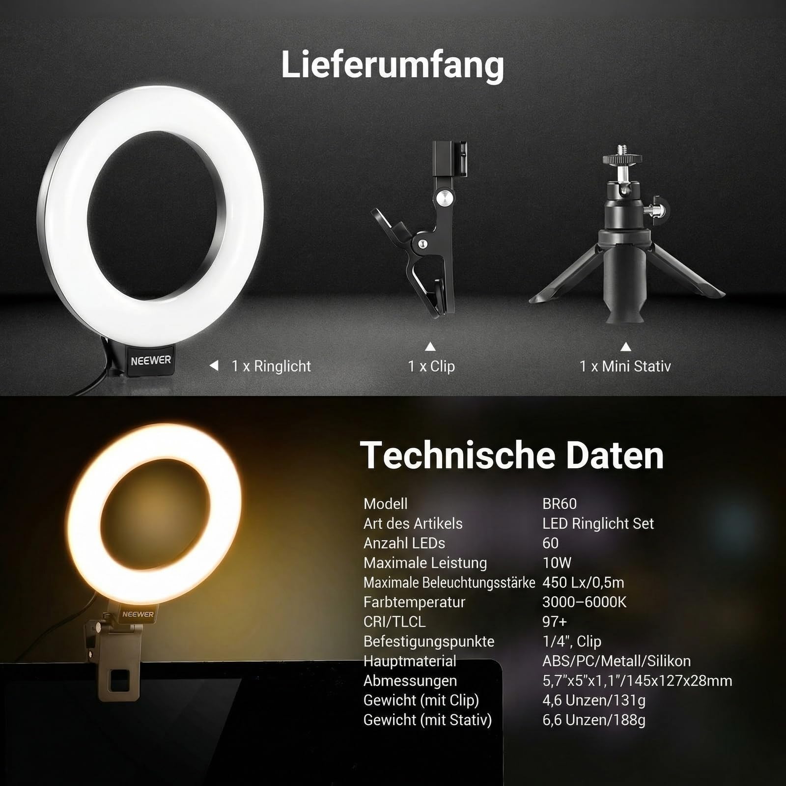 NEEWER BASICS 5" Ringlicht mit Klemme und Mini Stativ, 10W 3000k-6000K Dimmbares Ansteckleuchte für Laptop Computer Monitor Videokonferenzen Selfie, Vlog Makeup, Live Streaming, Videoaufnahmen, BR60