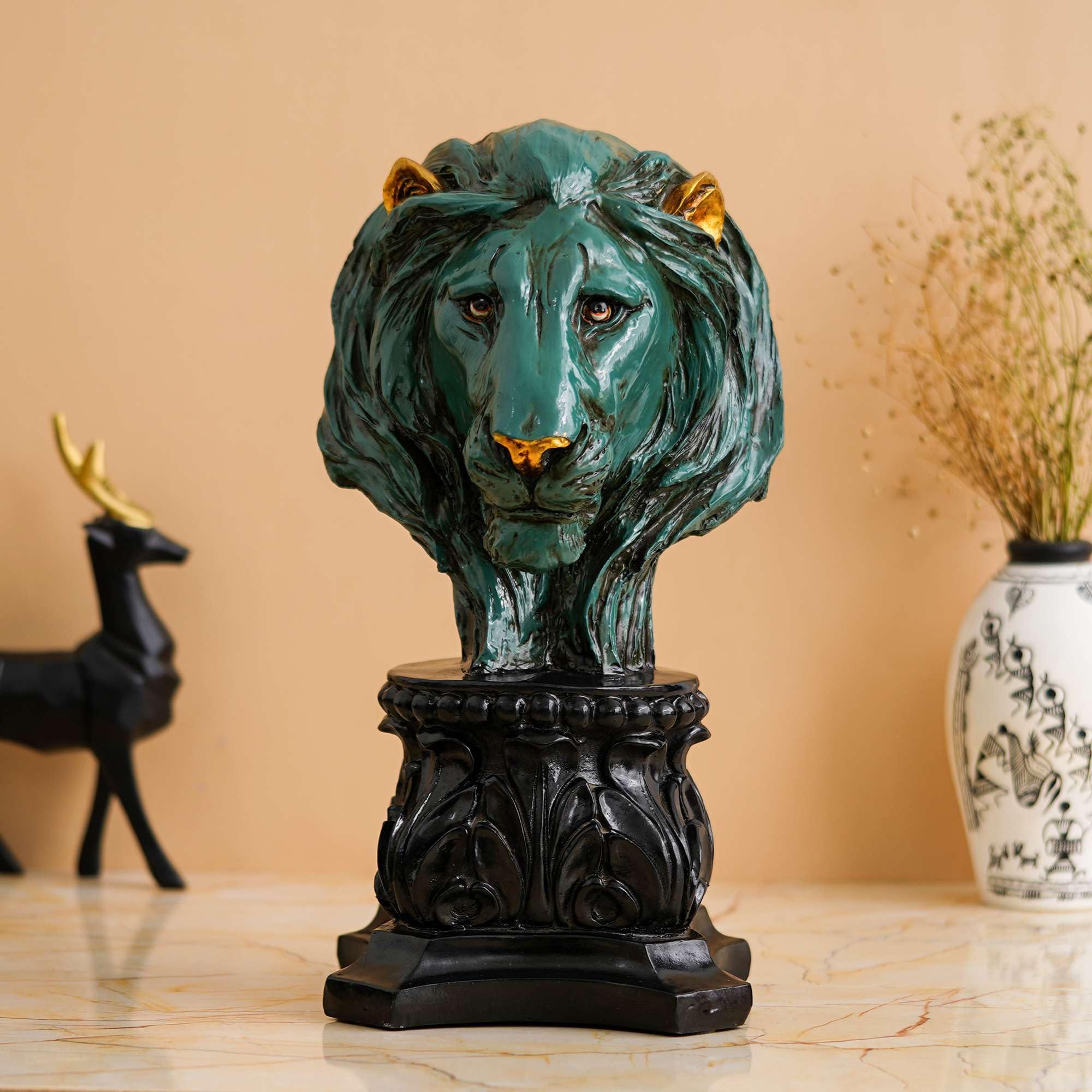 SV Unique Collections Handmade Lion Head Statue Stone Finish Animal Figurines Gifts Antique Design for Home Decoration (green)-06