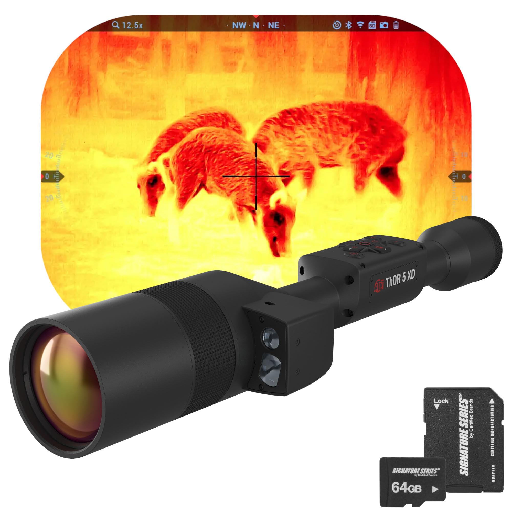 ATN Thor 5 XD LRF 1280 Smart HD Thermal Scope w/ 1280x1024, 12 Micron Sensor | Magnification, Built-in Laser Rangefinder, Full HD Video Recording, Smooth Zoom | w/ 64GB SDXC Signature Series SD Card