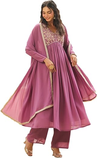 Janasya Lavender Yoke Embroidery Kurta with Palazzo &amp; Dupatta for Women Georgette Fabric Latest Fashion