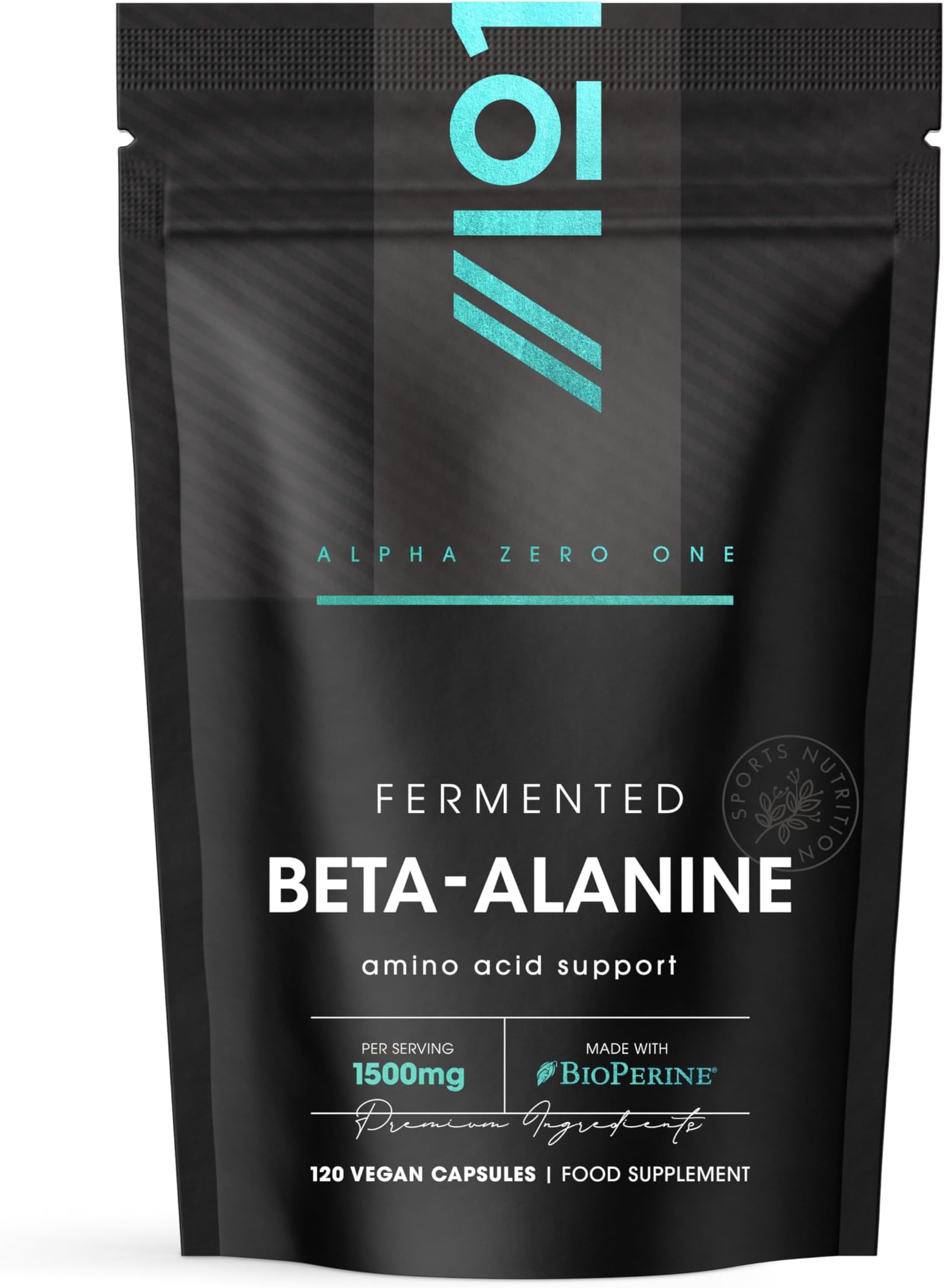 Fermented Beta-Alanine 1500mg – 120 Vegan Capsules – with BioPerine® for Enhanced Absorption – Resealable and Recyclable Pouch by Alpha01
