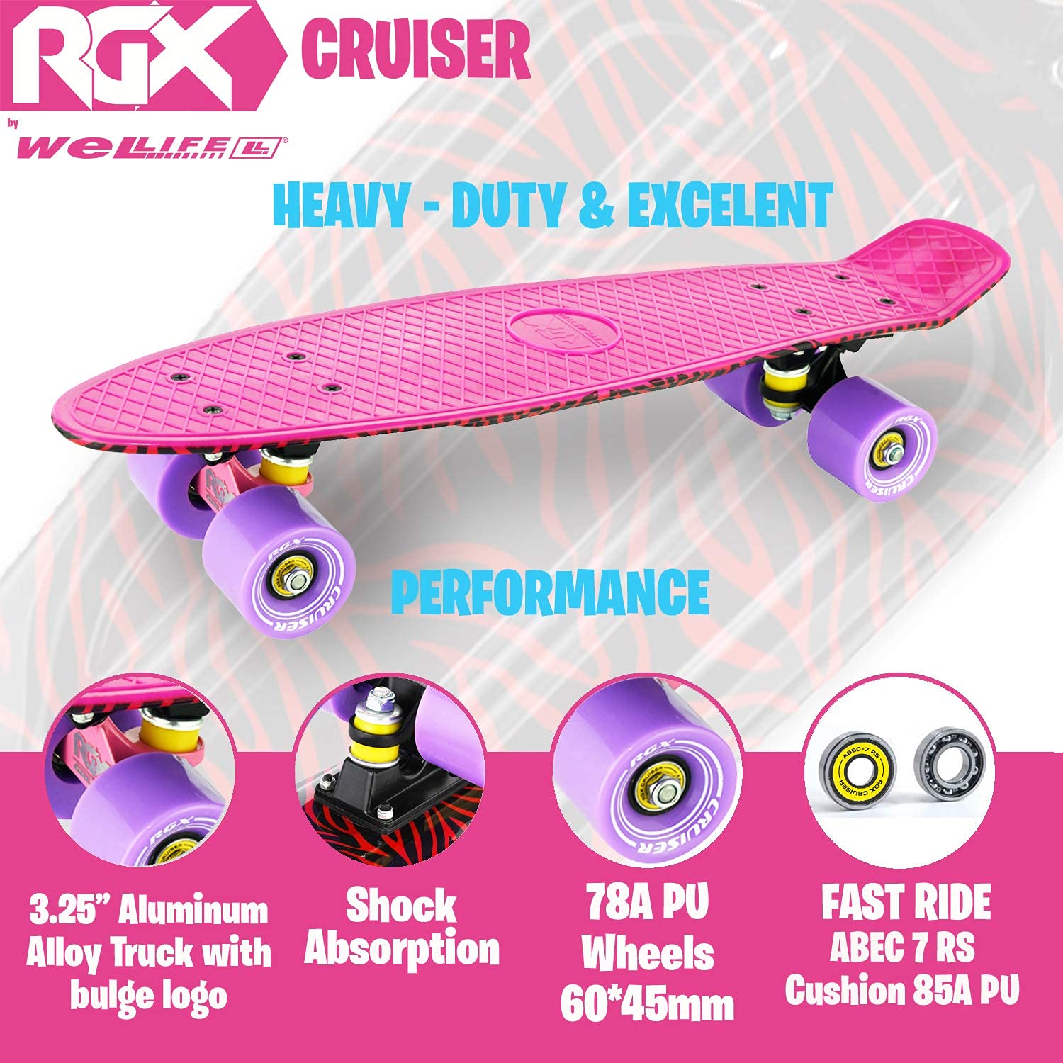 WeLLIFE Skateboard Mini Cruiser Serie RGX Skate, 56 Cm (22 Zoll), Für