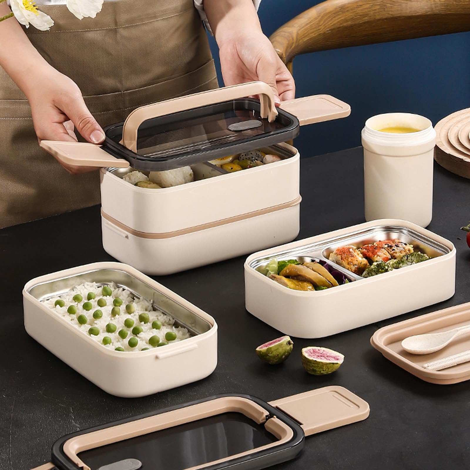 Contenitore per il pranzo, 1400 ml, con 2 ripiani, grande volume, a prova di perdite, in acciaio inox, ermetico, con set di posate, senza BPA, adatto al microonde