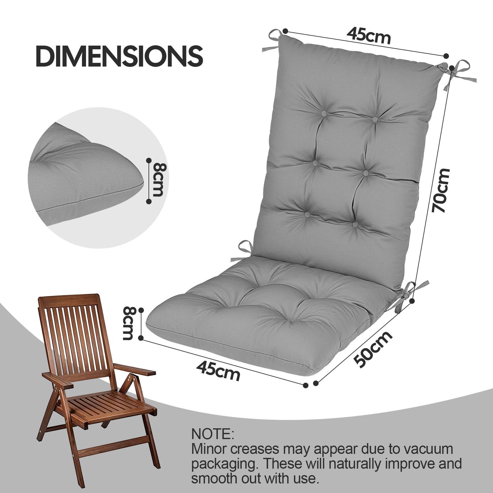 RIMEPATIO Outdoor High Back Chair Cushion 120x45cm, 8cm Thick Tufted Waterproof Rattan Seat Pad with Ties for Garden & Patio Dining Chairs, Loungers, Recliner, Grey — view 3