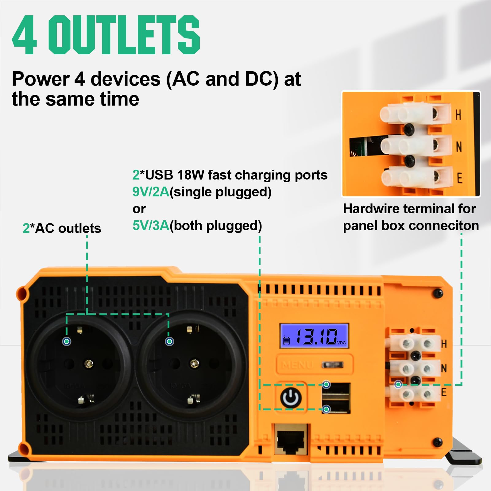 ECO-WORTHY Wechselrichter 12v auf 230v Reiner Sinus, Wechselrichter 2000w, Spannungswandler eingebauter Dual 18W USB-Anschluss, 2 * AC-Steckdosen, 1 * Hardwire-Klemmen und 1 * 100A Sicherung