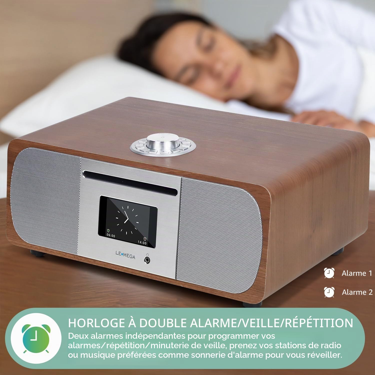 LEMEGA M5P Radio Dab avec Lecteur CD,Radio Internet WiFi,Radio Numérique Dab+ FM,Bluetooth, Spotify,Système Musical Hi-FI Stéréo 35W,Lecteur USB,Double Alarme,Horloge avec Télécommande(Noyer Foncé)