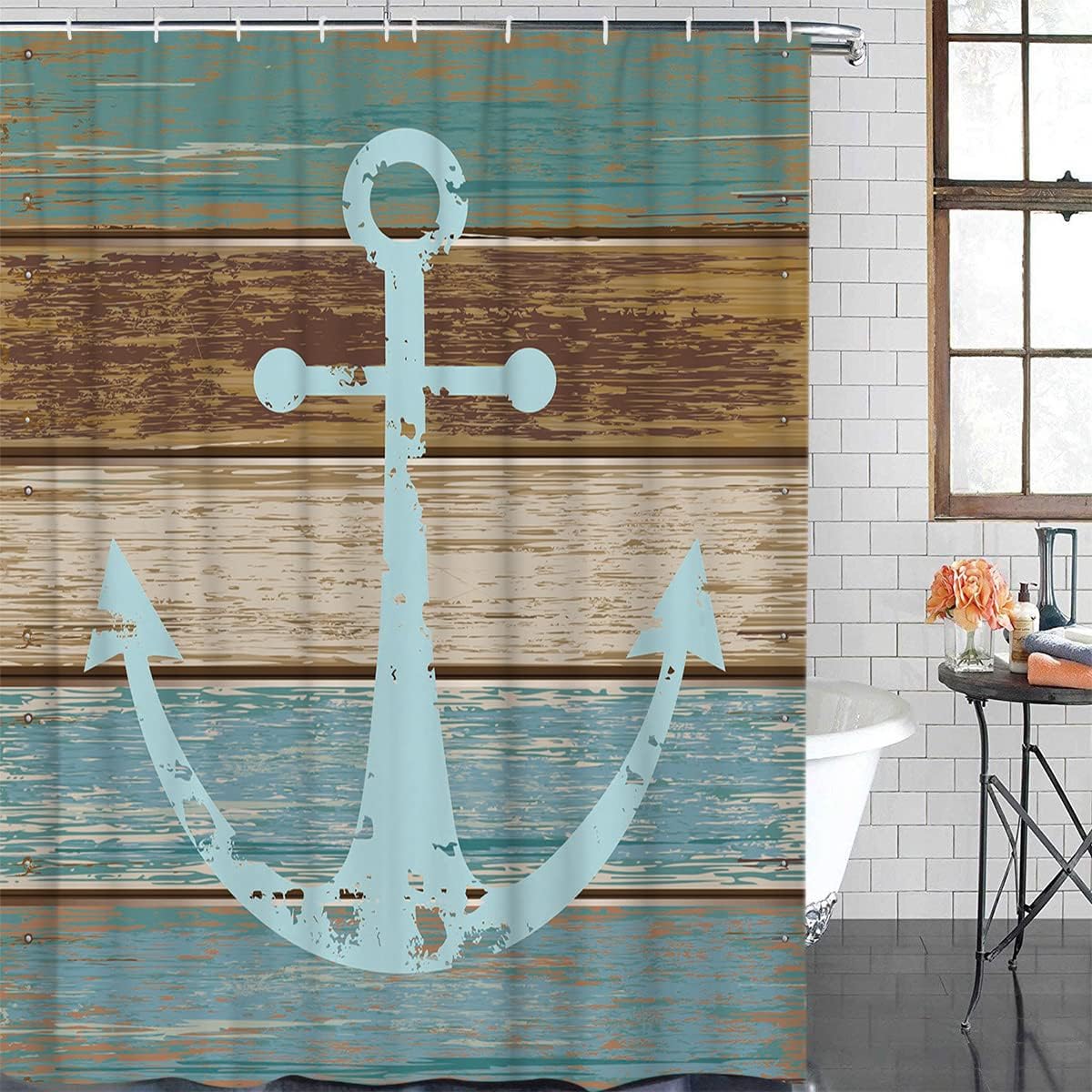 ALAGO Nautical Anchor Rustic Wood Shower Curtain Waterproof Polyester Fabric Bathroom Decorations Curtain Sets with Hooks 72" x 84"