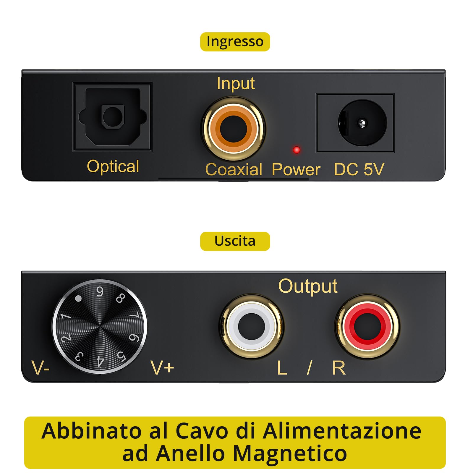 PROZOR D/A Convertitore Digitale ad Analogico Supporta Dolby Digital DTS PCM 5.1CH a 2CH Decodificatore DAC con Volume Regolabile Adattatore Audio Coassiale/SPDIF a RCA con Cavo 2RCA a 3.5mm