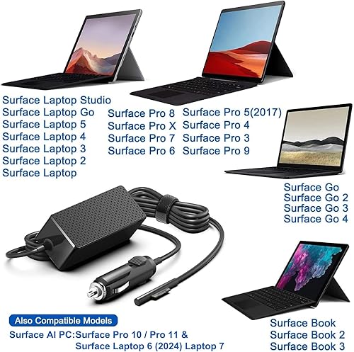 Miniatura 2 de Cargador de coche de superficie de 102 W, adaptador de automóvil HKY de 12 V-24 V CC compatible con Surface Pro 10 X 9 8 7 7+ 6 5 4 3, Surface Book