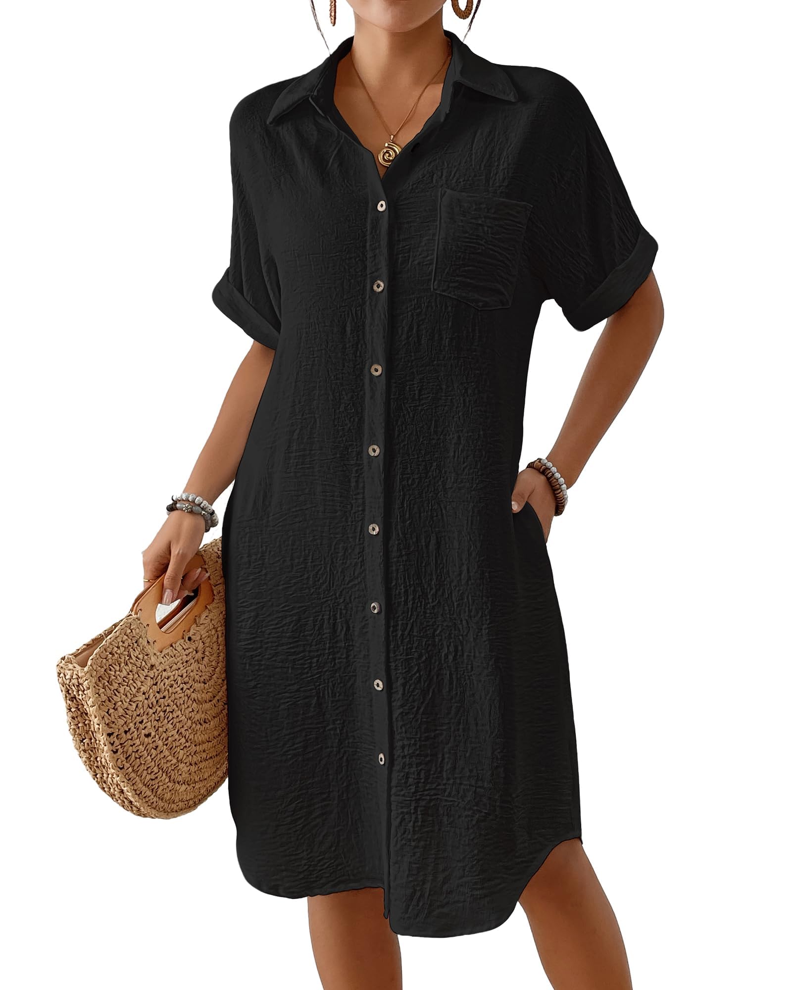 Bsubseach Vestido camisero de playa hasta la rodilla para mujer, con bolsillos, Negro, Large