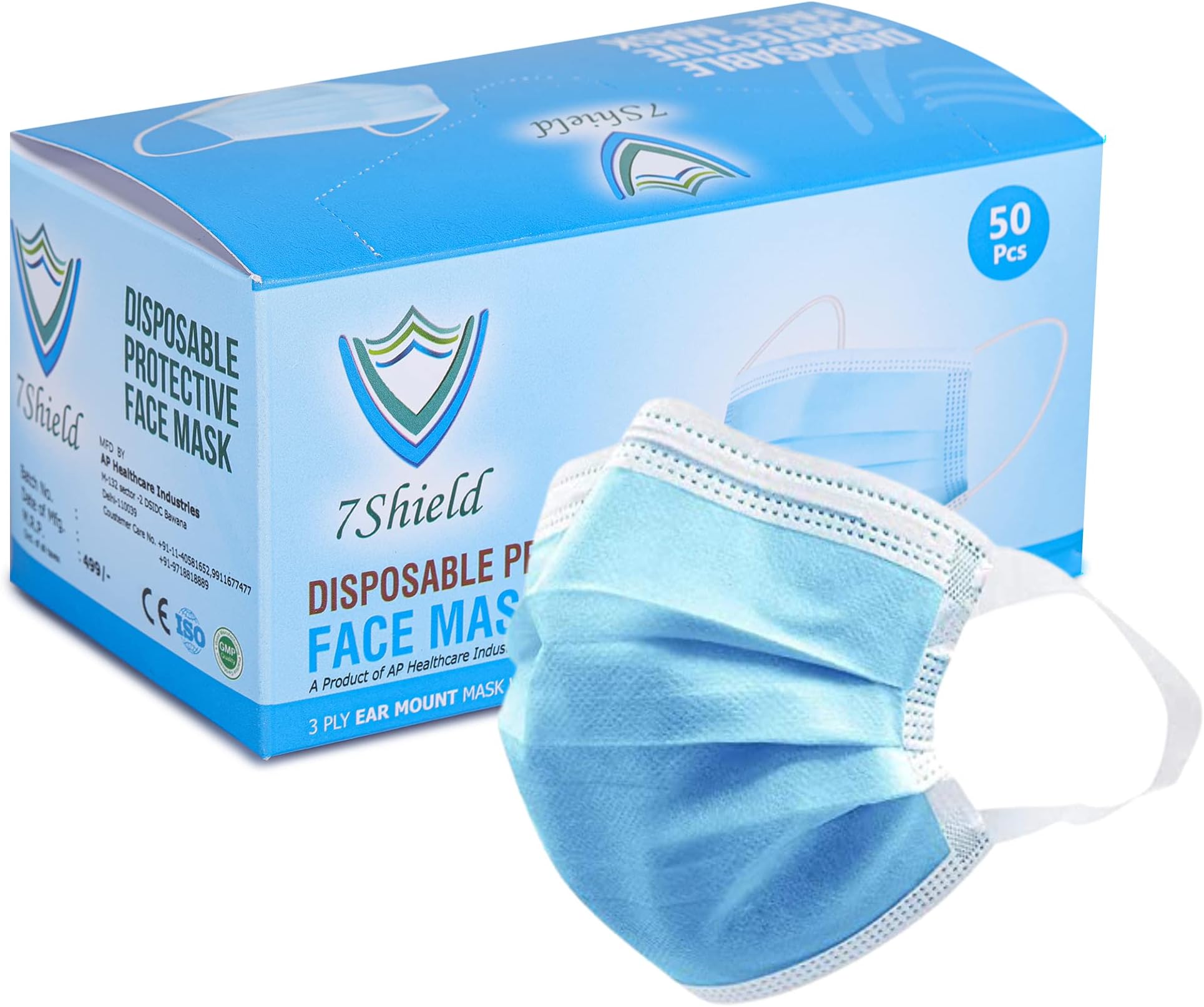 Disposable 3Ply Face Mask - Ultra Soft Fabric Wide Ear Loop, Comfortable, Inbuilt Plastic Coated Nose Pin, CE and ISO Certified, Convenient Box Pack