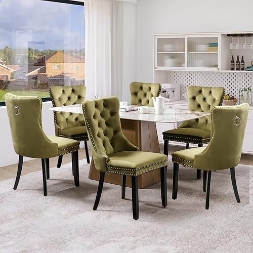 Miniatura 64 de Juego de 6 sillas de comedor de terciopelo, sillas de comedor tapizadas acolchadas con ribete de tachuelas y patas de madera maciza para cocina,