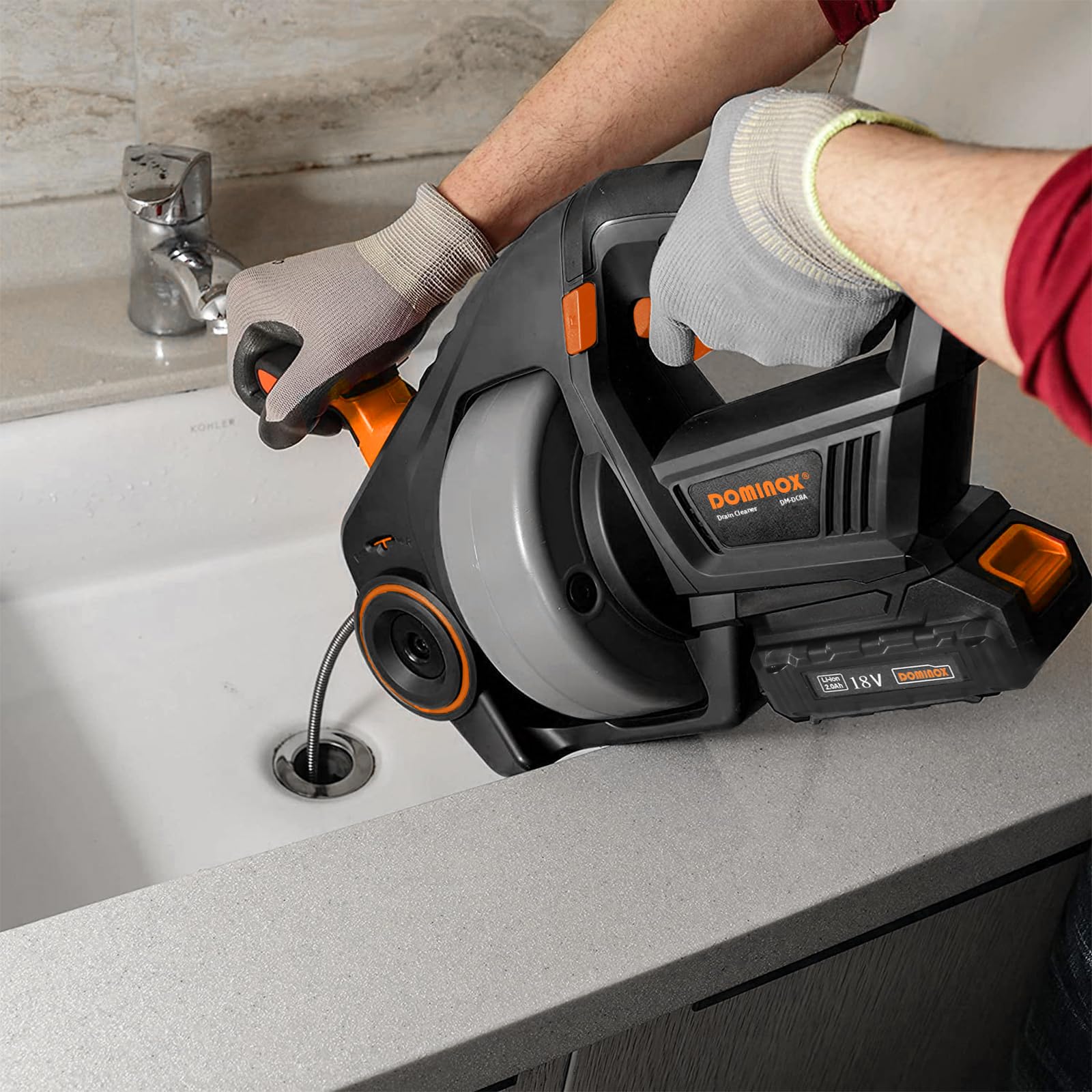18V Furet Déboucheur Canalisation Avec 7,6m Acier à ressort Arbre Télescopique pour 19-51mm Tuyaux, Tarière de Vidange sans Fil pour Toilettes, Cuisine, Salle de Bains (Batterie Incluse)