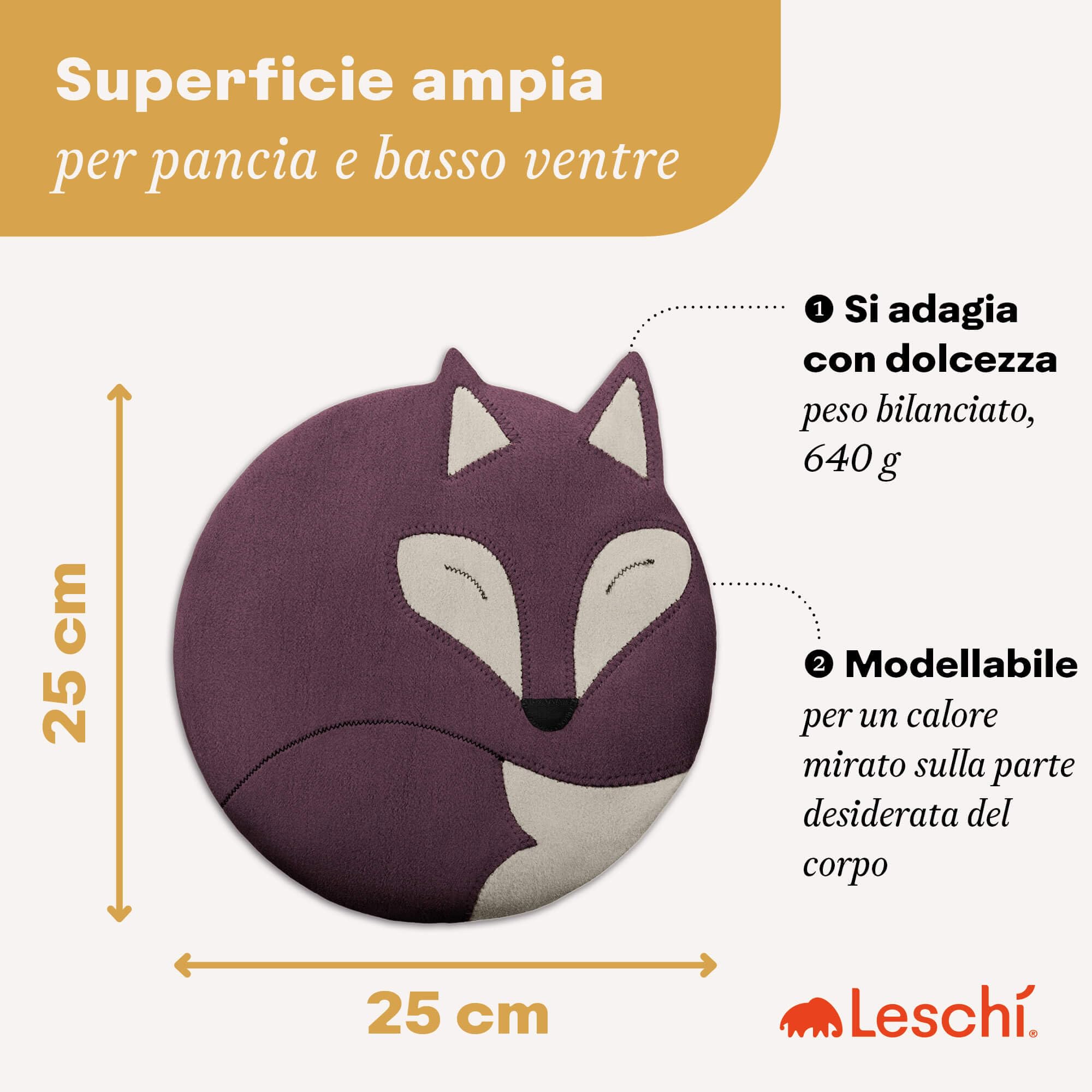 LESCHI Cuscino termico per microonde - In cotone bio con grano biologico - Cuscino riscaldante per dolori mestruali, alla pancia, schiena e zona lombare - Naturale, riutilizzabile - Volpe, viola