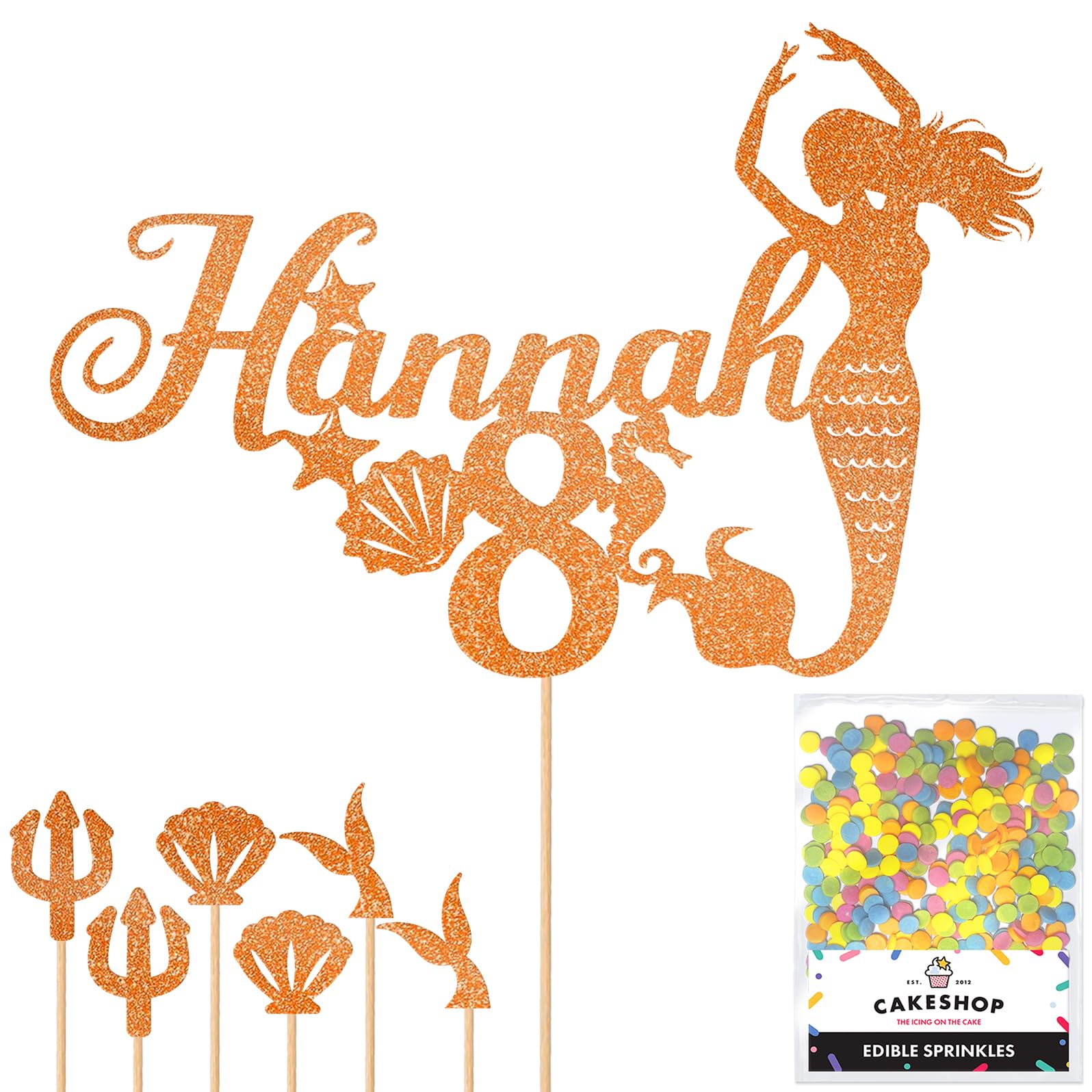 Personalised Birthday Mermaid Glitter Cake Topper- Copper Orange Any Custom Age & Name Glitter Cake Decoration and Sprinkles - Happy Birthday Decorations - Personalised Toppers for Cakes by Cakeshop