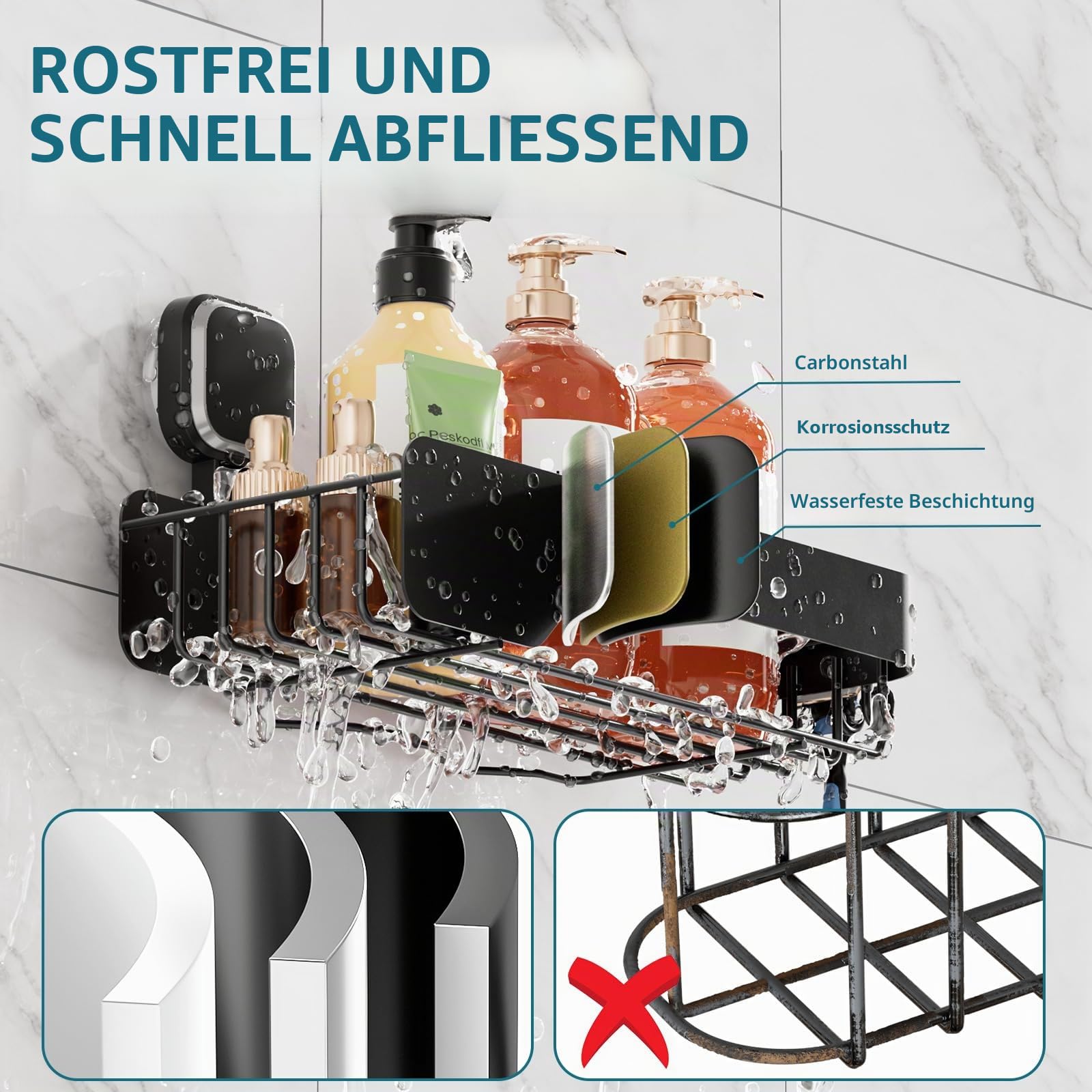 TAILI Duschablage ohne Bohren Duschablage Saugnapf Extra Stark,2Set Schwarz | Saugnapf Dusche Organizer Große Kapazität Rostfreier Bad Organizer Ohne Bohren Badezimmer Zubehör für Shampoo Duschkorb