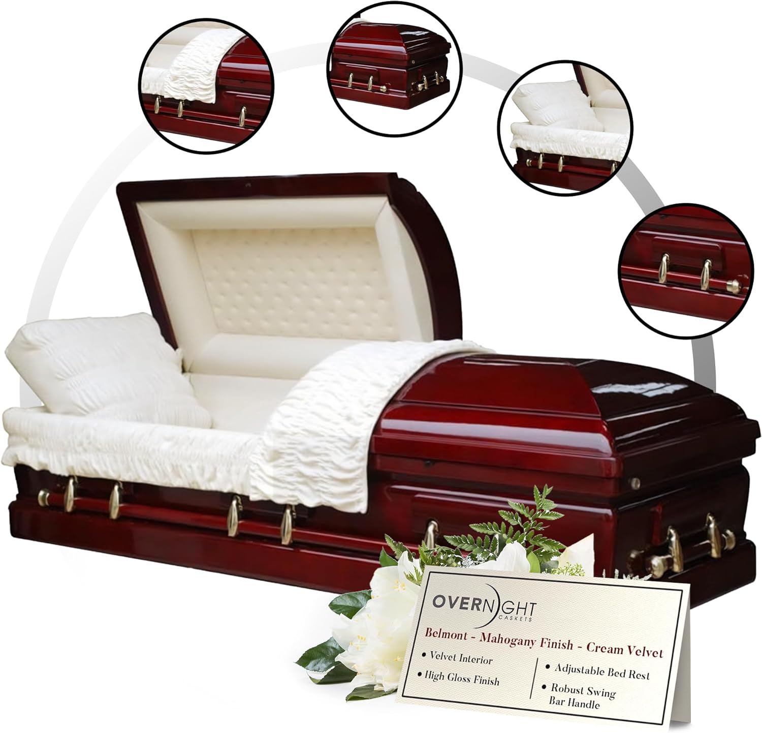 Overnight Caskets Belmont Veneer Wood Funeral Casket w/Almond Velvet Interior - Premium Veneer Hardwood - Fully Appointed Adult Casket - Handcrafted Coffin w/Pillow and Throw Set