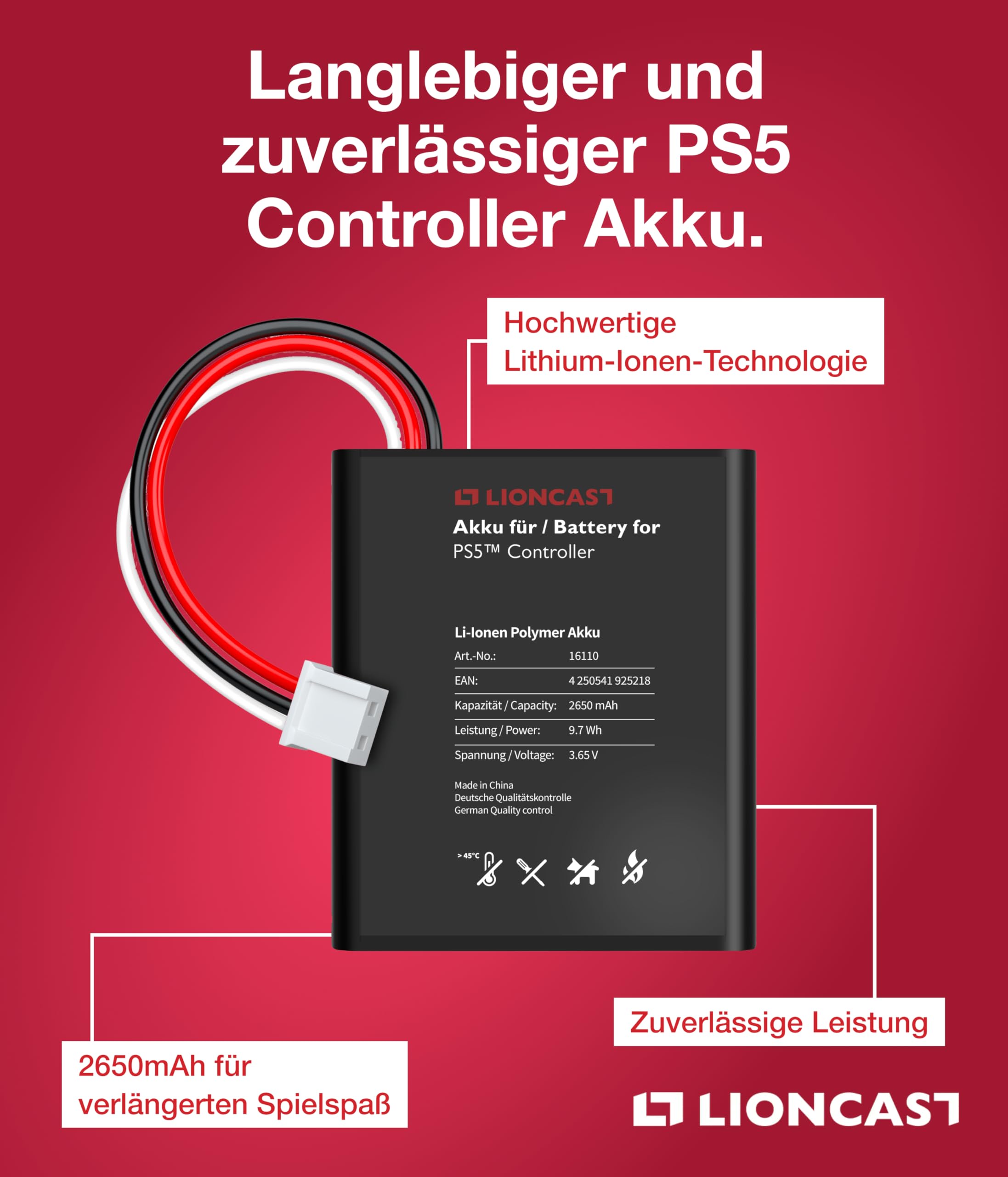 LIONCAST Batteria per controller PS5, 2650 mAh, 70% in più di potenza, facile sostituzione della batteria Playstation 5 DualSense in set completo con istruzioni (lingua italiana non garantita).