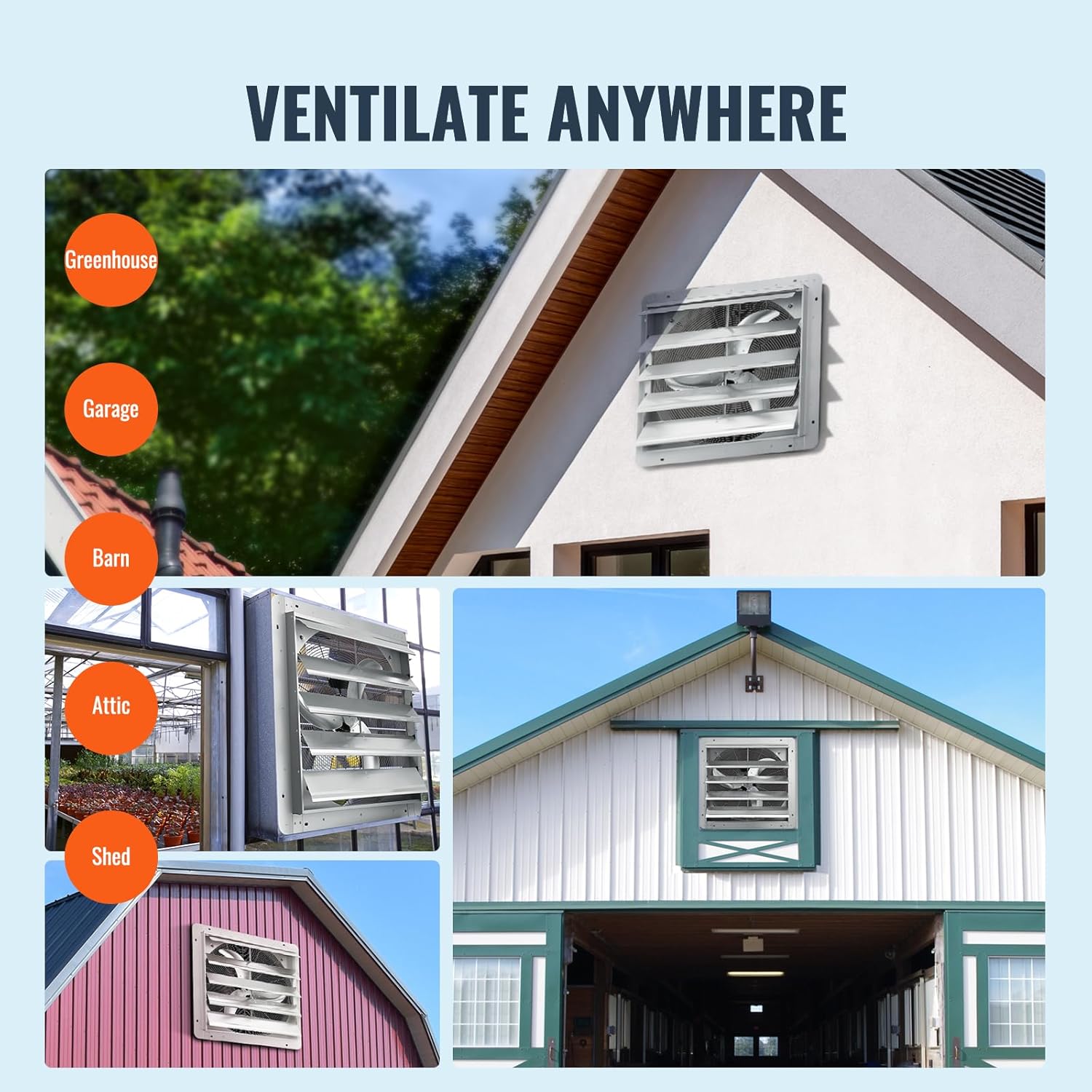 VEVOR 24'' Exhaust Fan, Wall Mounted Attic Fan with Variable Speed, 3320 CFM, Automatic Shutter, Ventilation and Cooling, Silver, Fan Only