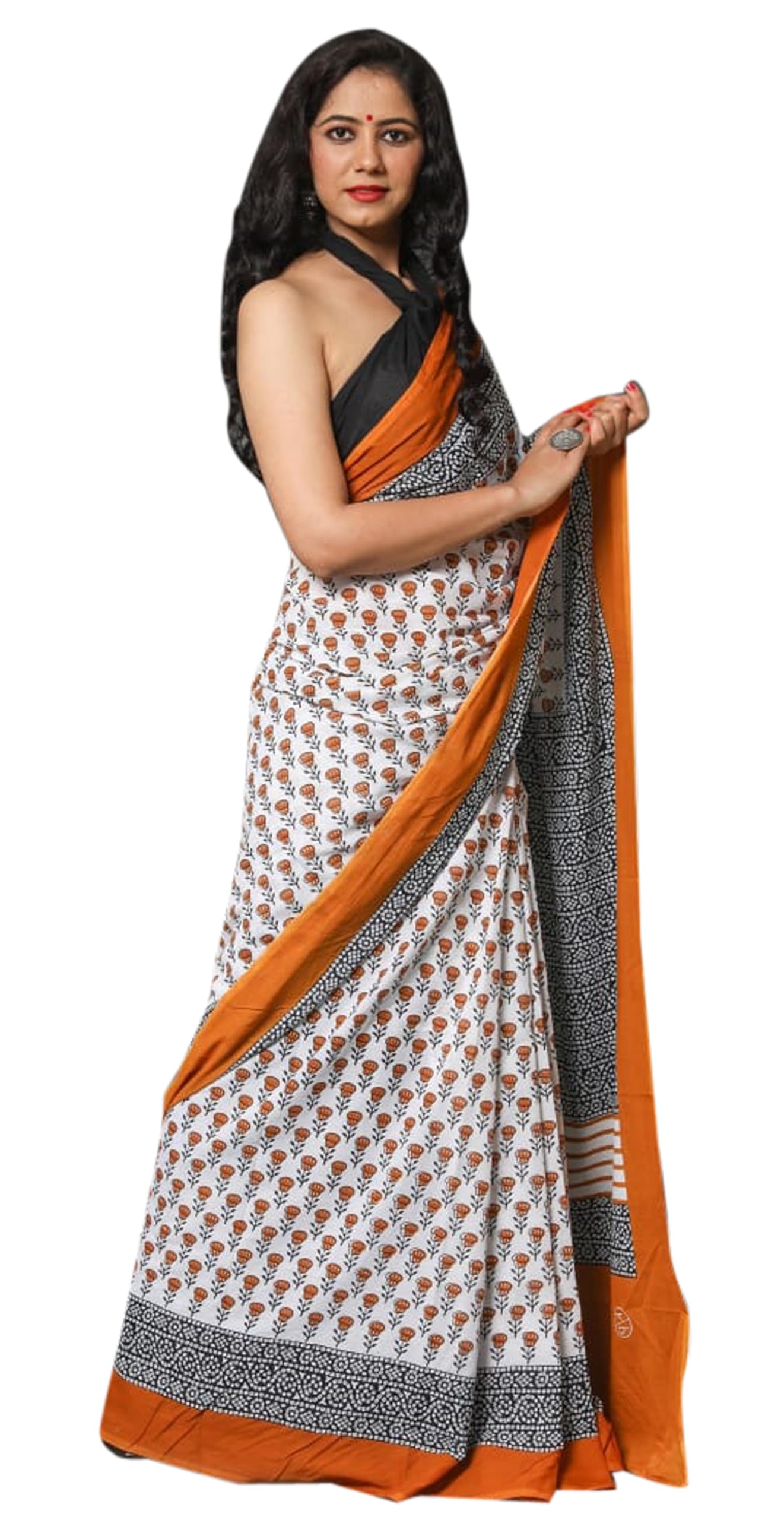 Sari de algodón puro tradicional indio con blusa estampada para mujer 3