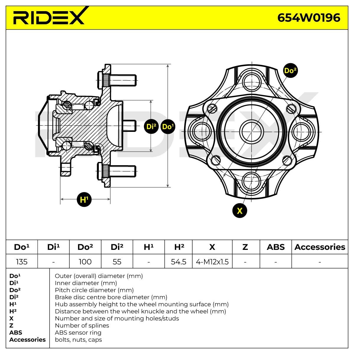 RIDEX 654W0196 Kit de roulement de roue des deux côtés du pont Arrière Compatible avec TOYOTA Yaris 3/5 portes P1