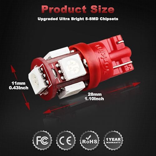 Miniatura 2 de Yorkim - 194 bombillas led T10 de 6000 K, color blanco superbrillante, bombillas para luz de matrícula y luz lateral de automóvil