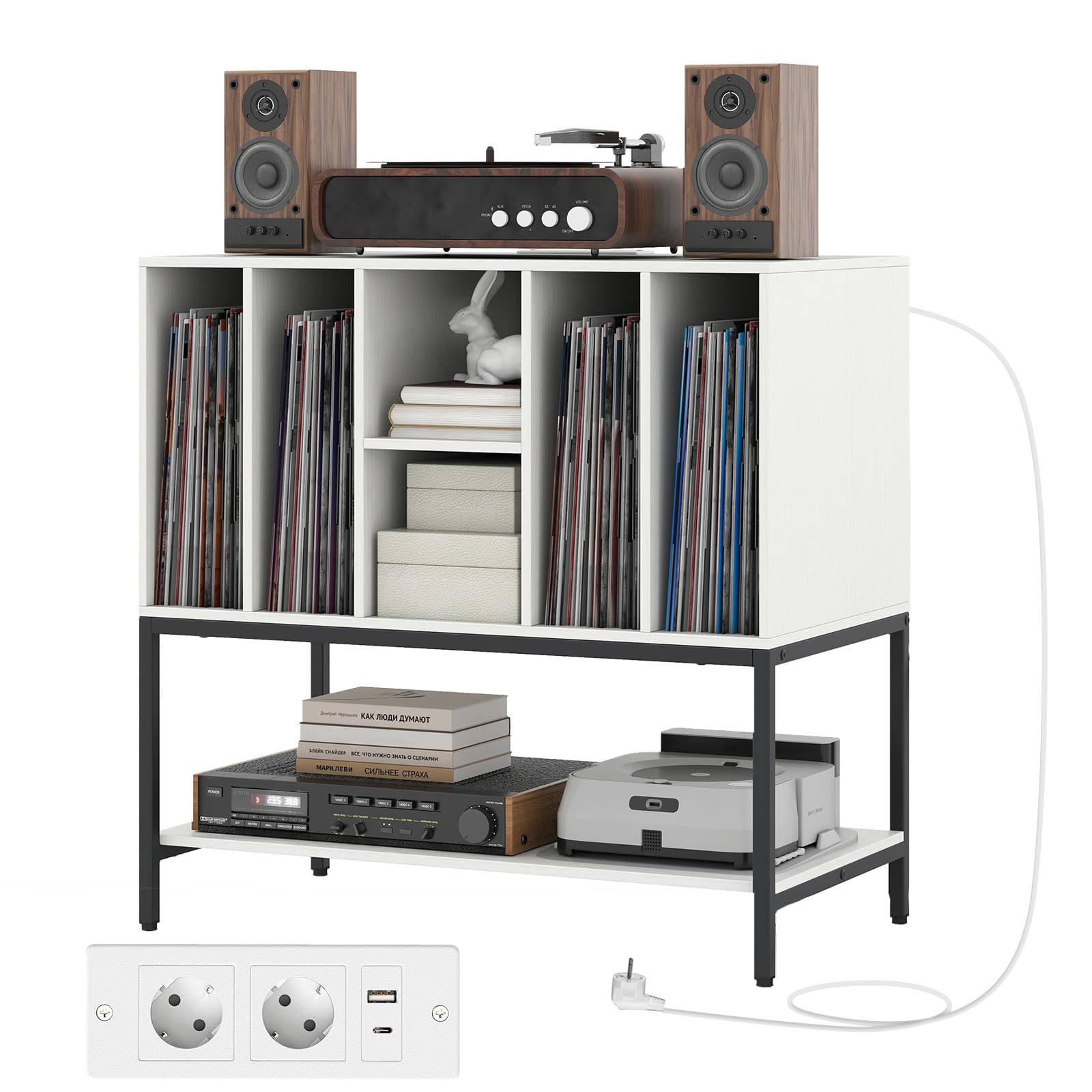 KOMFOTTEU Supporto per Giradischi con Stazione di Ricarica, Porta Dischi Vinile Vintage con 6 Scomparti e Ripiano Aperto, Espositore per Dischi in Vinile con Foro per i Cavi, 80x45x79,5cm (Bianco)