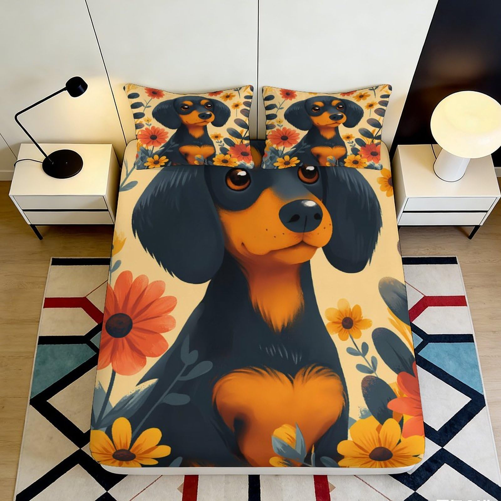 3D Printed Dachshund Dog Fitted Sheet Microfiber Orange Floral Bed Cover for Adults Bedroom Guest Room Easy Care 90x200x25cm