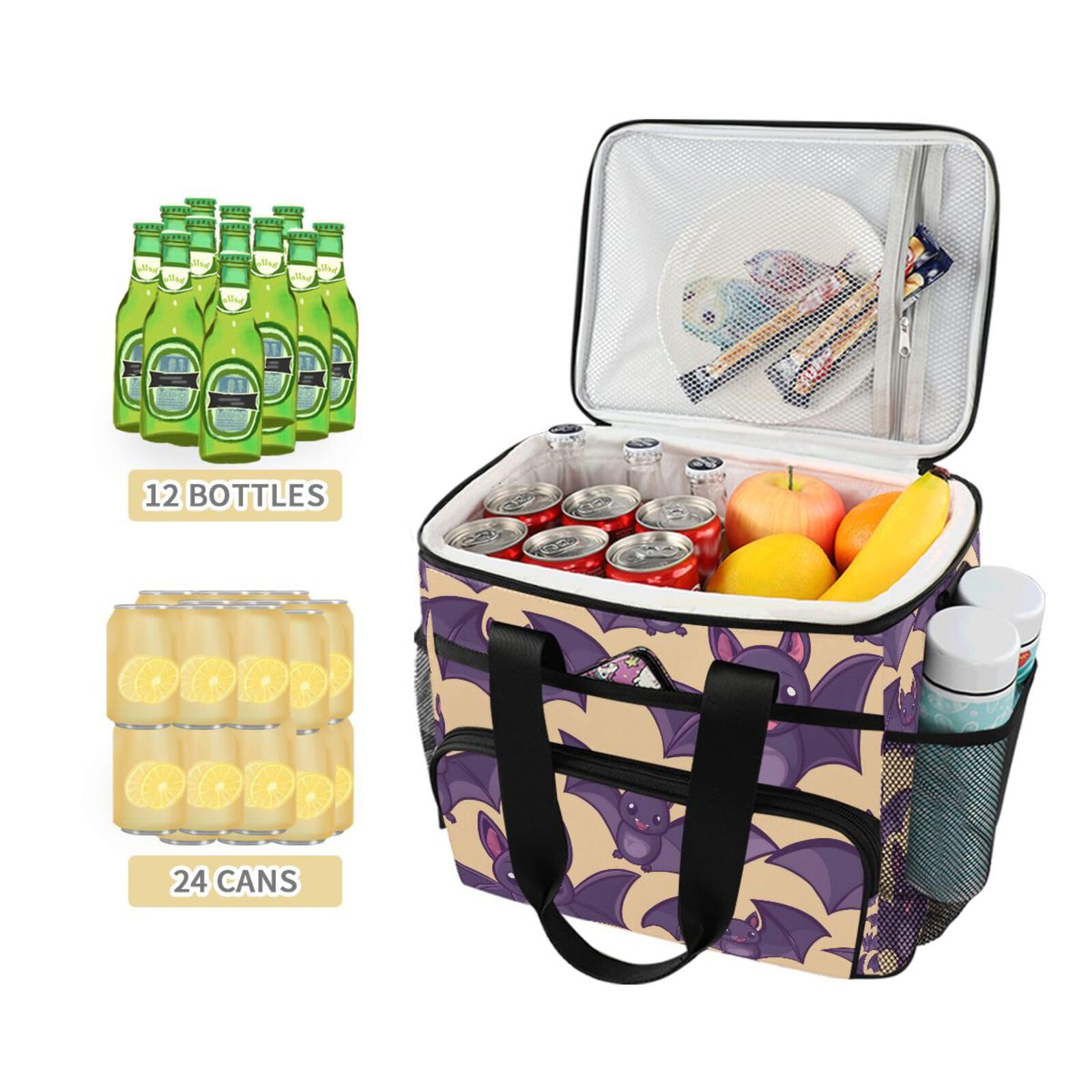 Bolsa térmica grande con diseño de murciélago morado, bolsa térmica grande con aislamiento, bolsa térmica impermeable de 15 litros, 24 latas, para adultos, hombres y mujeres