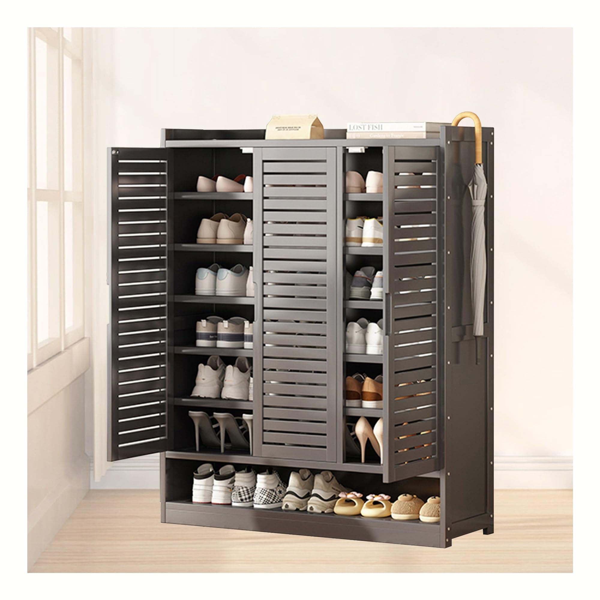 HASMI Gabinete de Zapatos de Bambú para Entrada con Puertas de Obturador, Estante de Zapato Independiente de Madera Gran Capacidad/a/95 * 33 * 115Cm