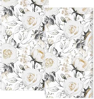 Modern White Rose Floral Vine Leaf Line Drawn Kitchen Dish Towels Set of 2, 16"x24" Hand Towel for Drying Absorbent for Cooking Baking Bathroom Farmhouse Decor Spring Summer Tea Towel