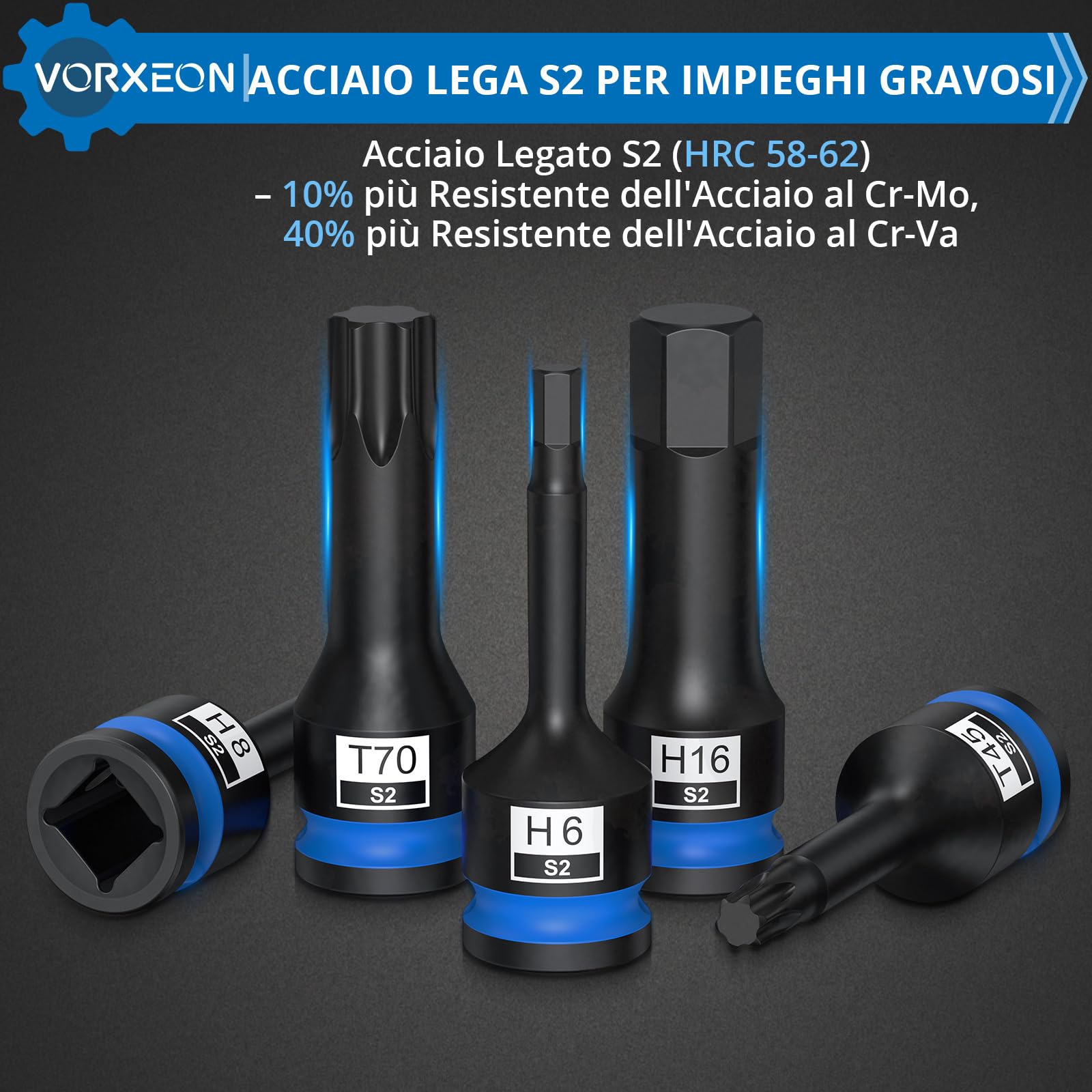 Set di 20PCS Bussole a Impatto da 1/2" in Acciaio S2 Esagonali Metriche da 5-19 mm/Torx T25-T80 con Sistema Anti-Caduta per Meccanici Professionisti e Appassionati di Fai da Te
