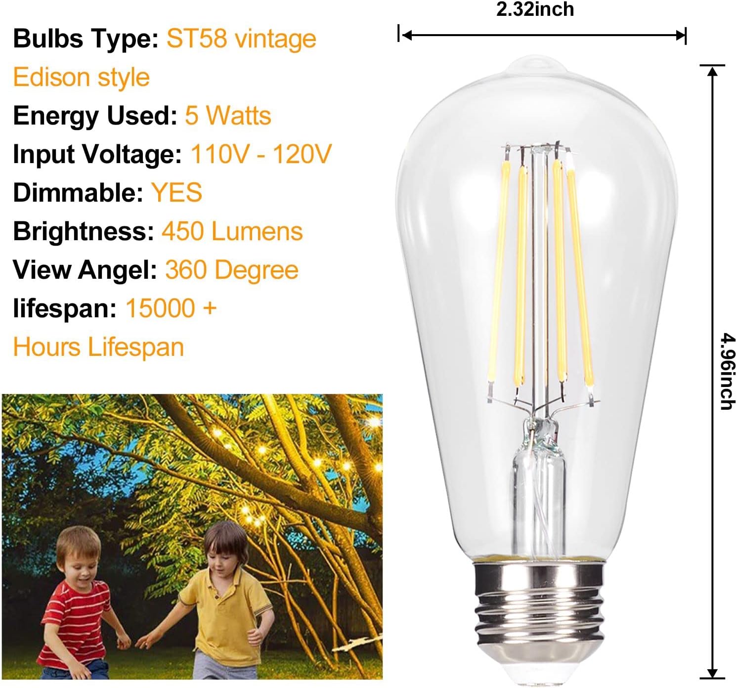 Soft White LED Vintage Filament Bulbs, Pack of 6