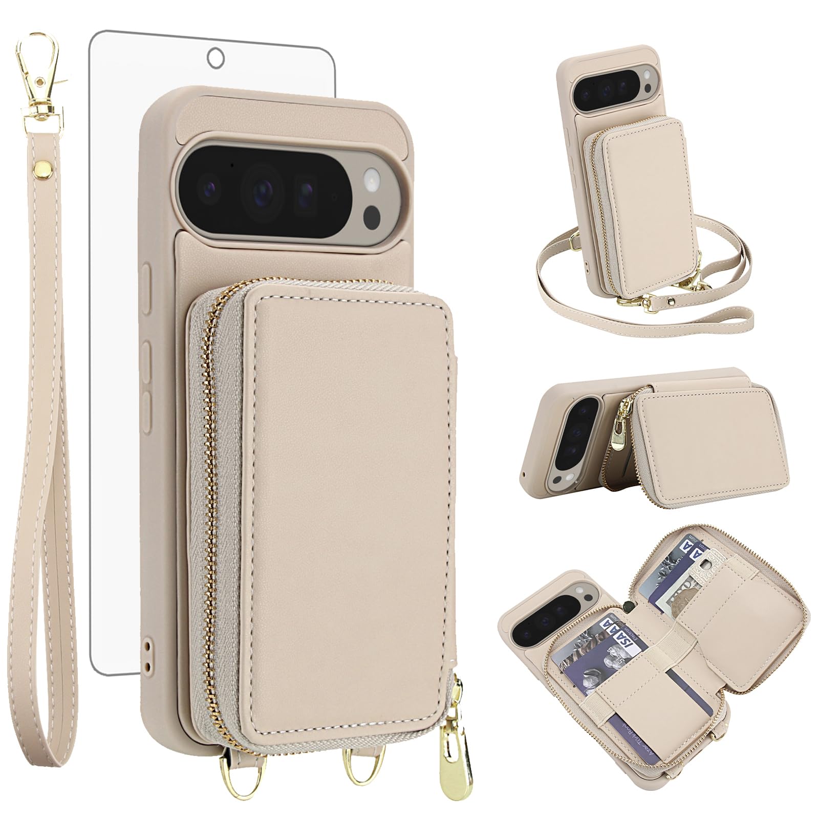 Phone Case for Google Pixel 9 Pro XL Wallet Cell Cover with Tempered Glass Screen Protector Crossbody Strap Lanyard Stand RFID Blocking Credit Card Holder Pixel9 9Pro 9ProXL Nine Women Men Girls Beige