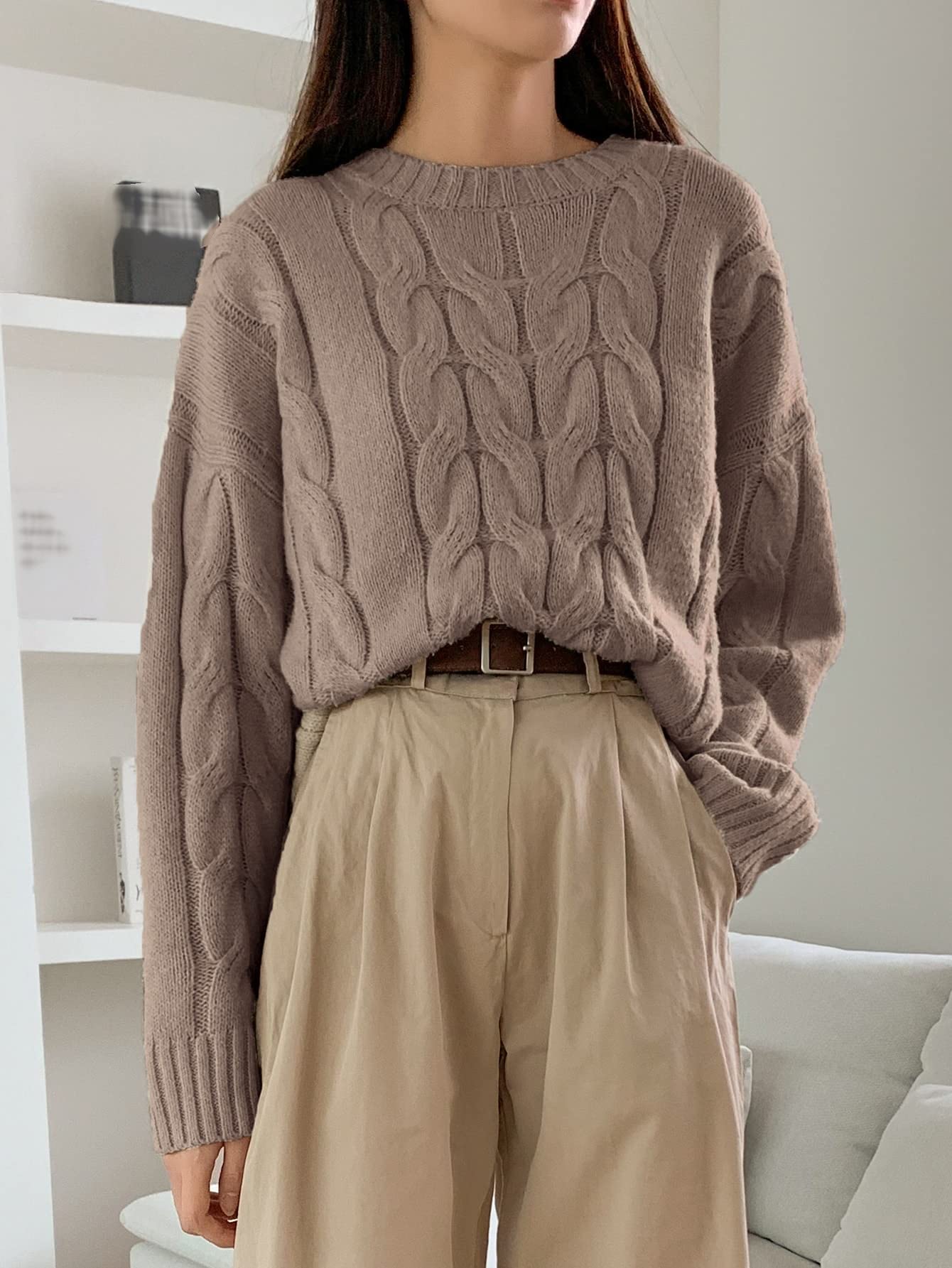 Amazon.com: Neeno Solid Cable Knit Drop Shoulder Sweater (Color
