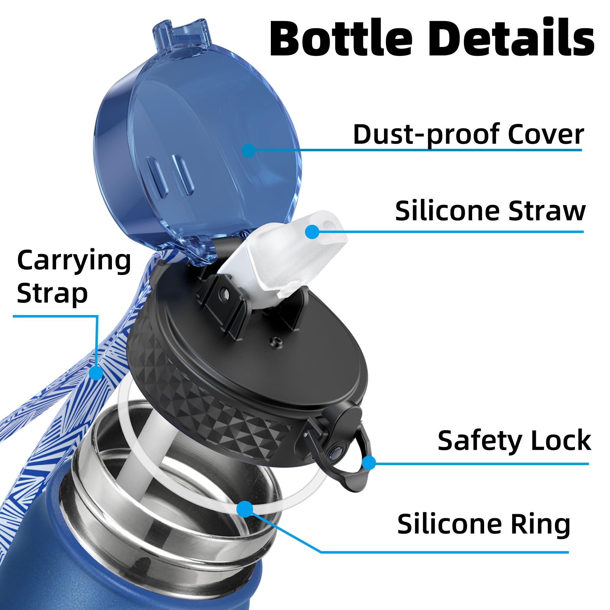 OLDLEY Stainless Steel Water Bottle with Straw 1L Vaccum Insulated Large Drink Flask Metal Water Bottles 1 Litre Leakproof Keep Drinks Hot Cold for Sports Gym Travel Adult Women Men(Blue Black - Image 2