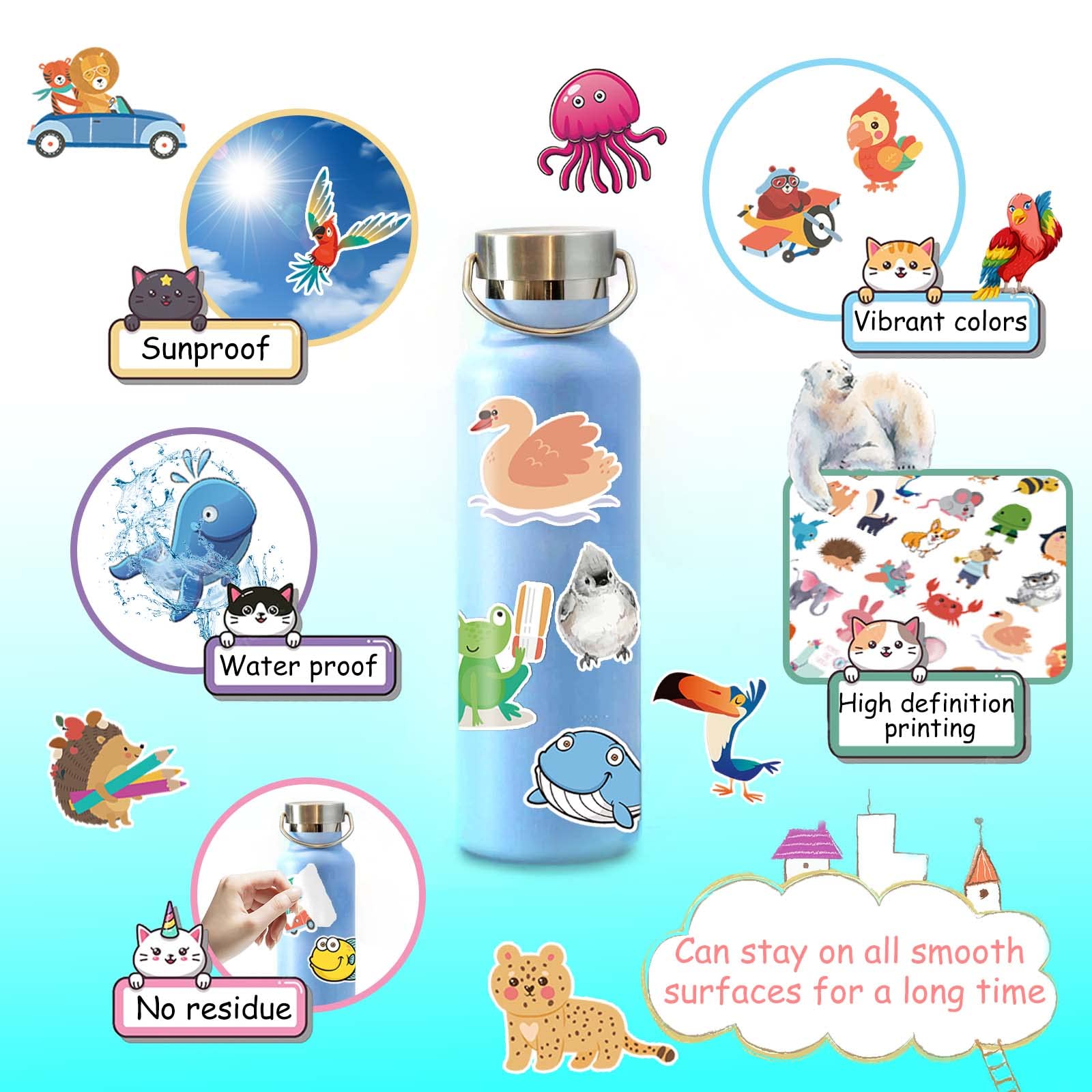 153 Calcomanías De Animales Lindos Para Niños, Calcomanías De Botella De  Agua, Calcomanías De Vinilo Impermeables, image size:1600x1600