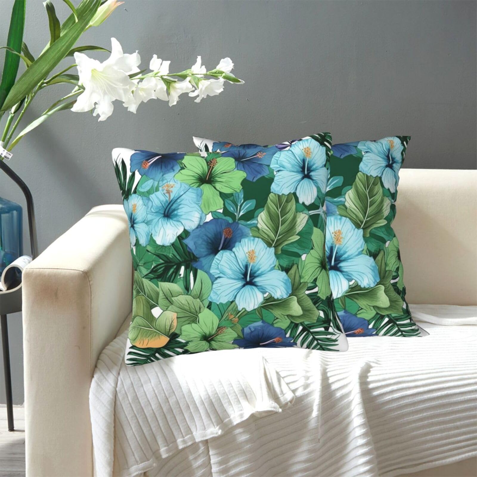 FekiLoot Decorative Throw Pillow Covers Modern Farmhouse Pillowcase Double Sided Cozy Cushion Cover for Sofa Couch Bed 18"X18" Green and Blue Hibiscus Flowers