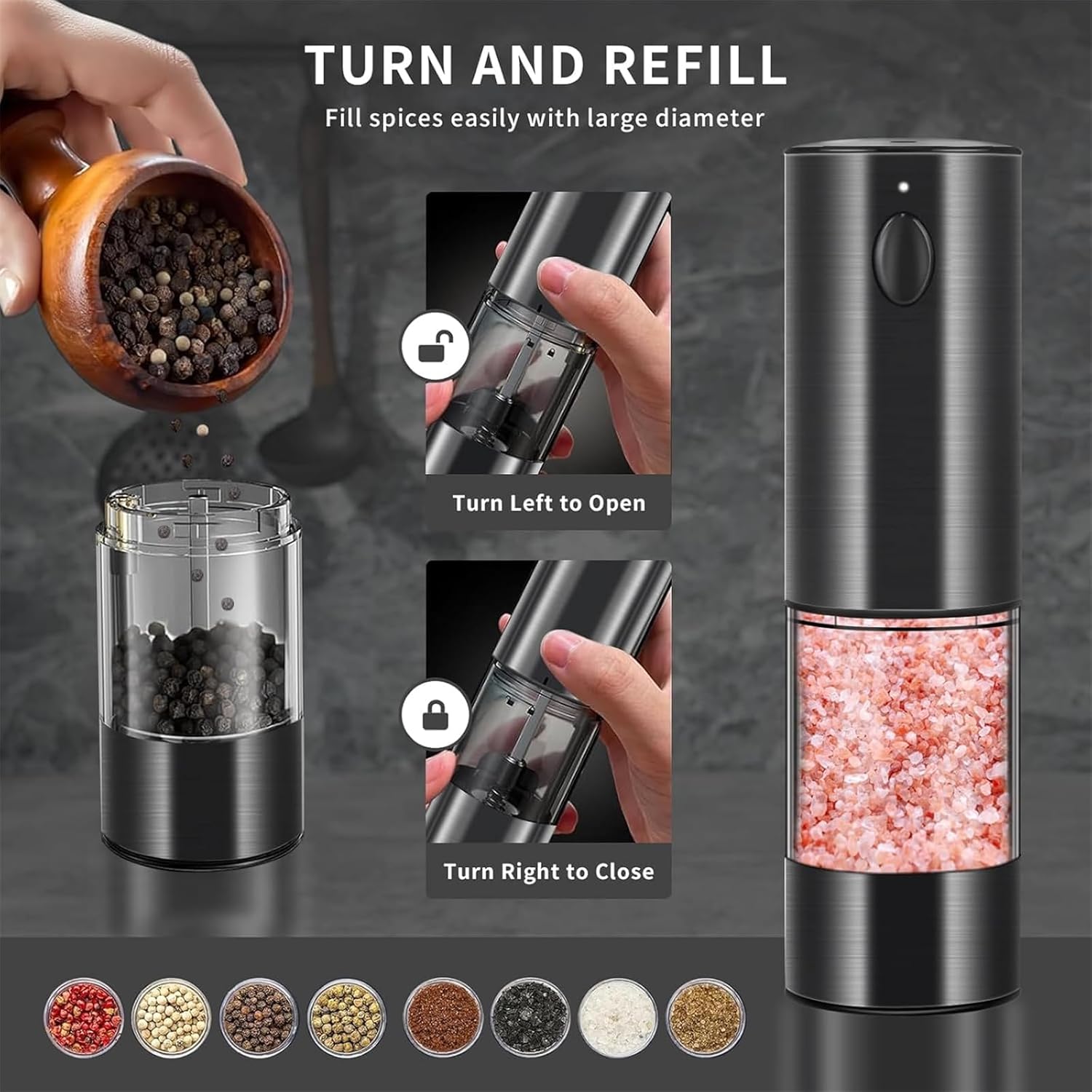 Electric Peppers Salts Mill Spices Grinder Adjustable Coarseness Mill Adjustable Suitable for Cooking Peppers